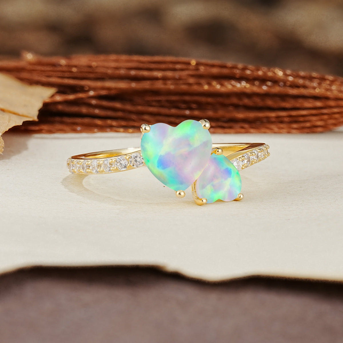 Unique Classic 3-Prong Heart Cut Fire OpalTwo Stones Engagement Ring - Additional view