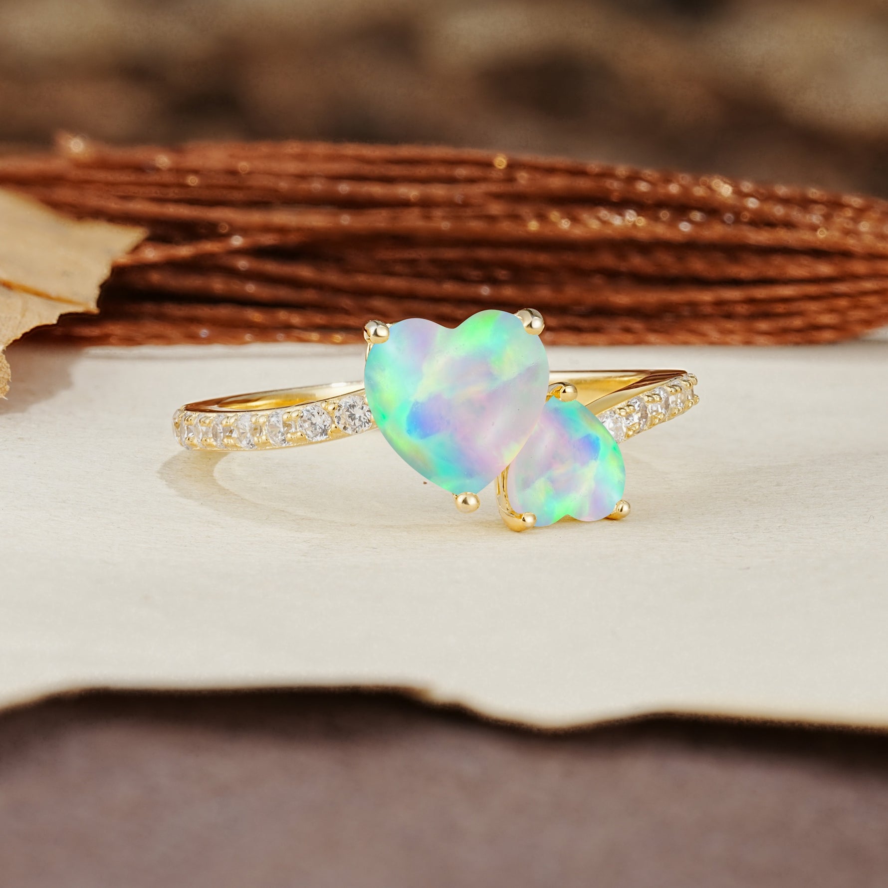 Unique Classic 3-Prong Heart Cut Fire OpalTwo Stones Engagement Ring - Additional view