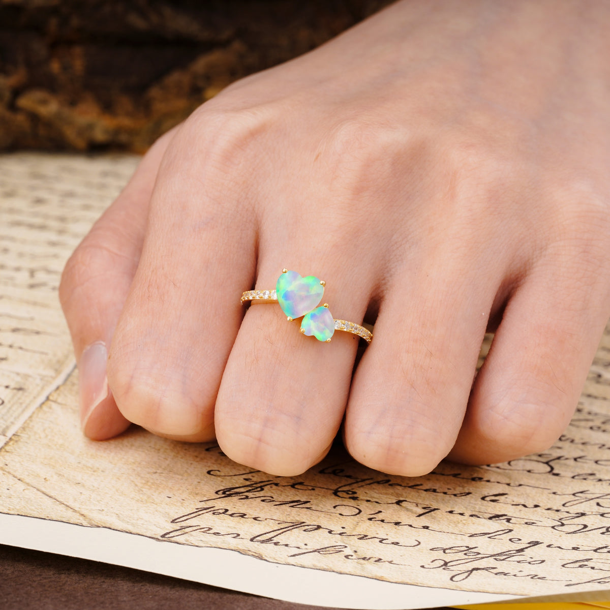 Unique Classic 3-Prong Heart Cut Fire OpalTwo Stones Engagement Ring - Additional view