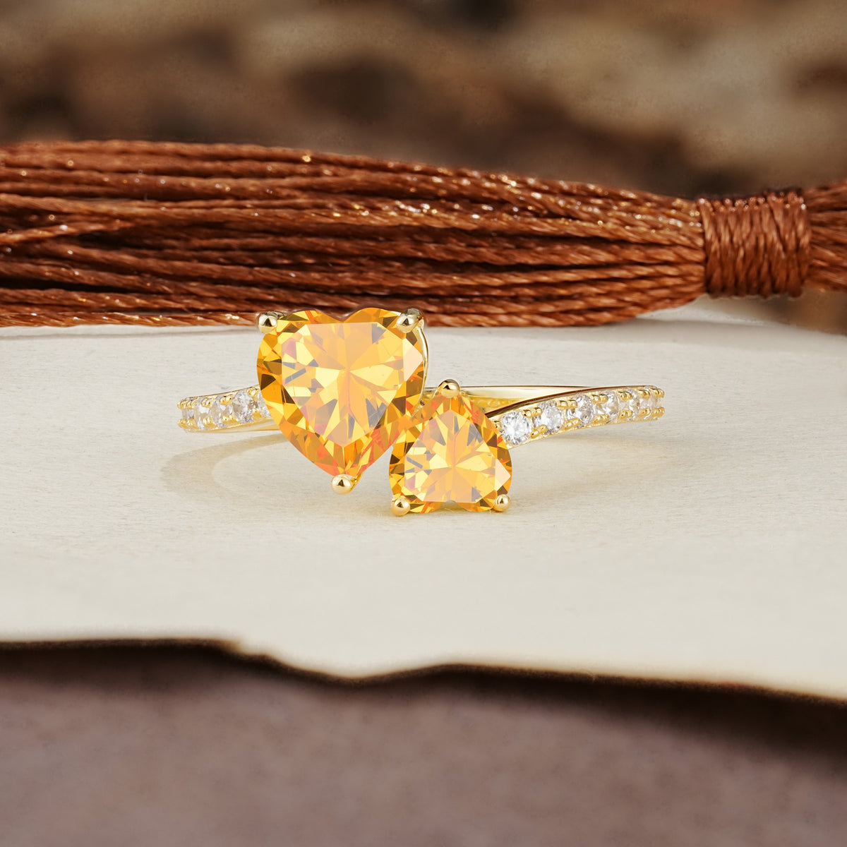 Unique Classic 3-Prong Heart Cut CitrineTwo Stones Engagement Ring - Additional view