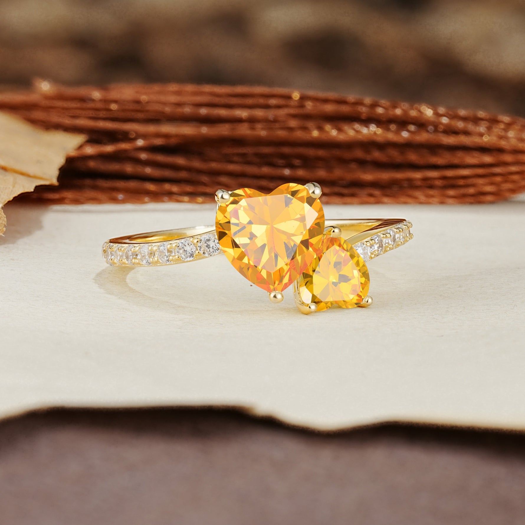 Unique Classic 3-Prong Heart Cut CitrineTwo Stones Engagement Ring - Additional view