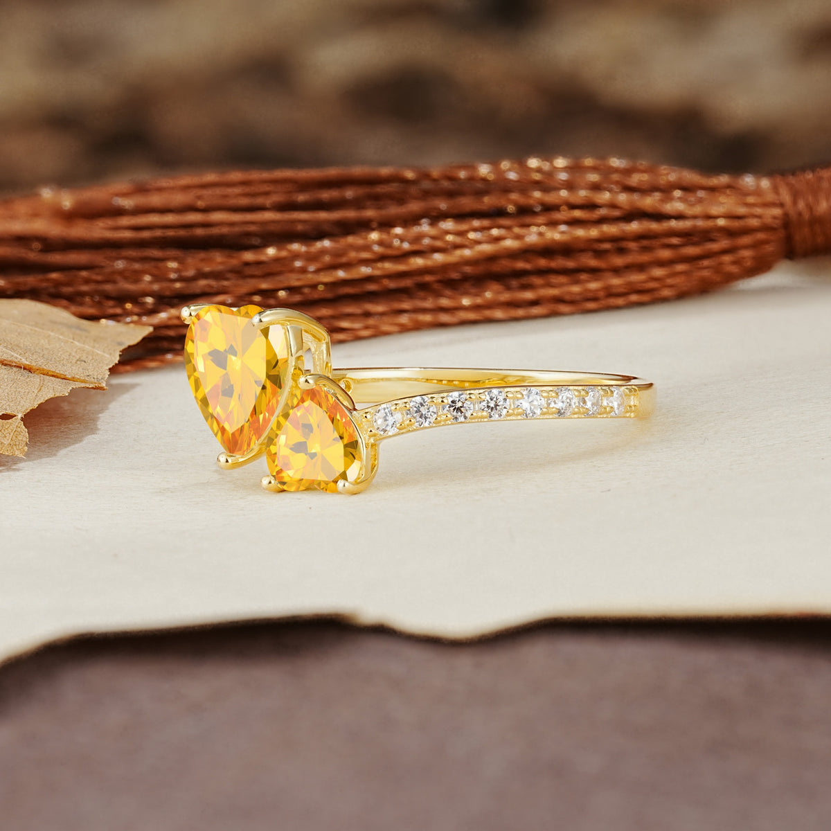 Unique Classic 3-Prong Heart Cut CitrineTwo Stones Engagement Ring - Additional view