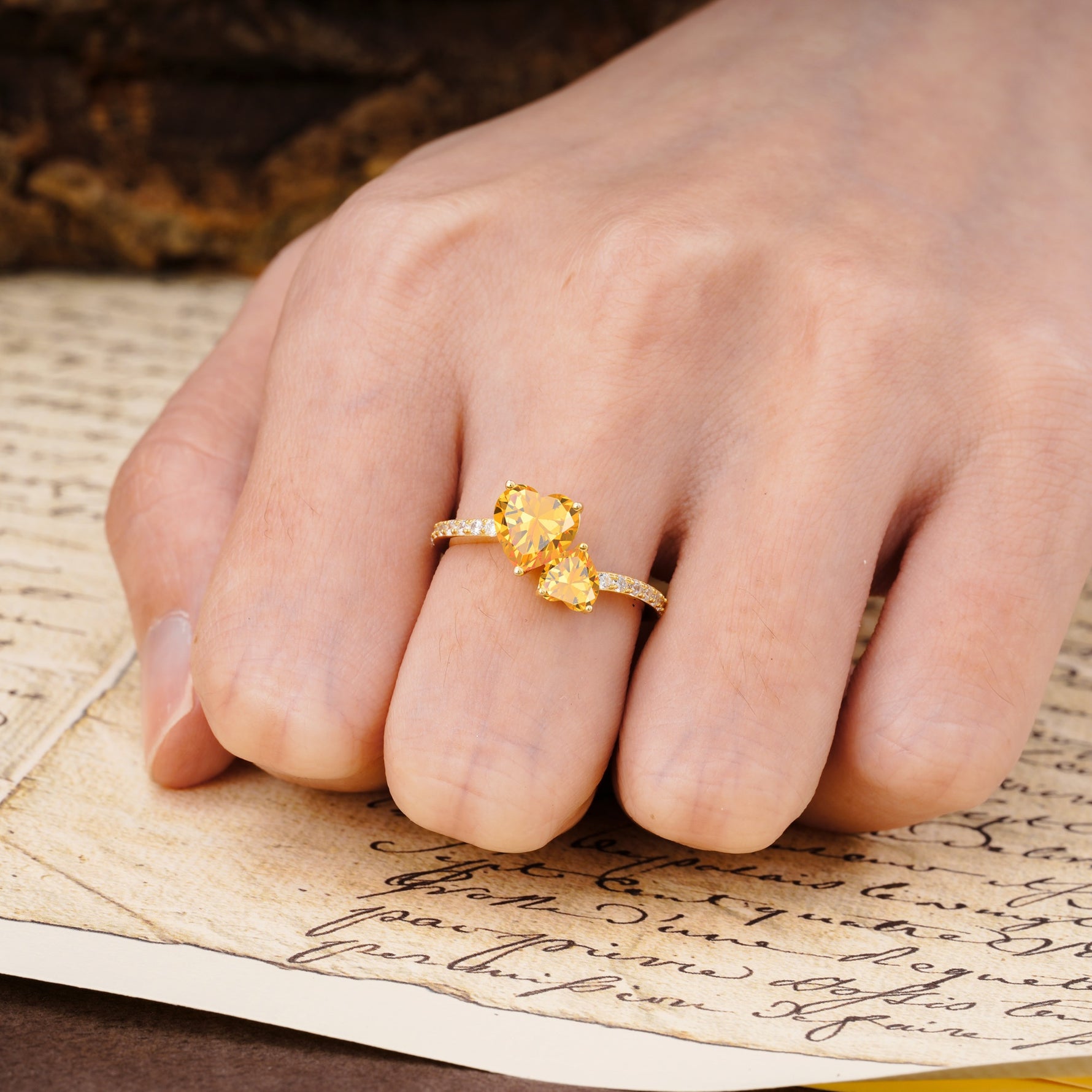 Unique Classic 3-Prong Heart Cut CitrineTwo Stones Engagement Ring - Additional view