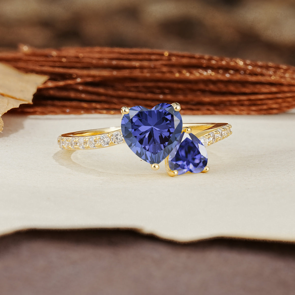 Unique Classic 3-Prong Heart Cut TanzaniteTwo Stones Engagement Ring - Additional view