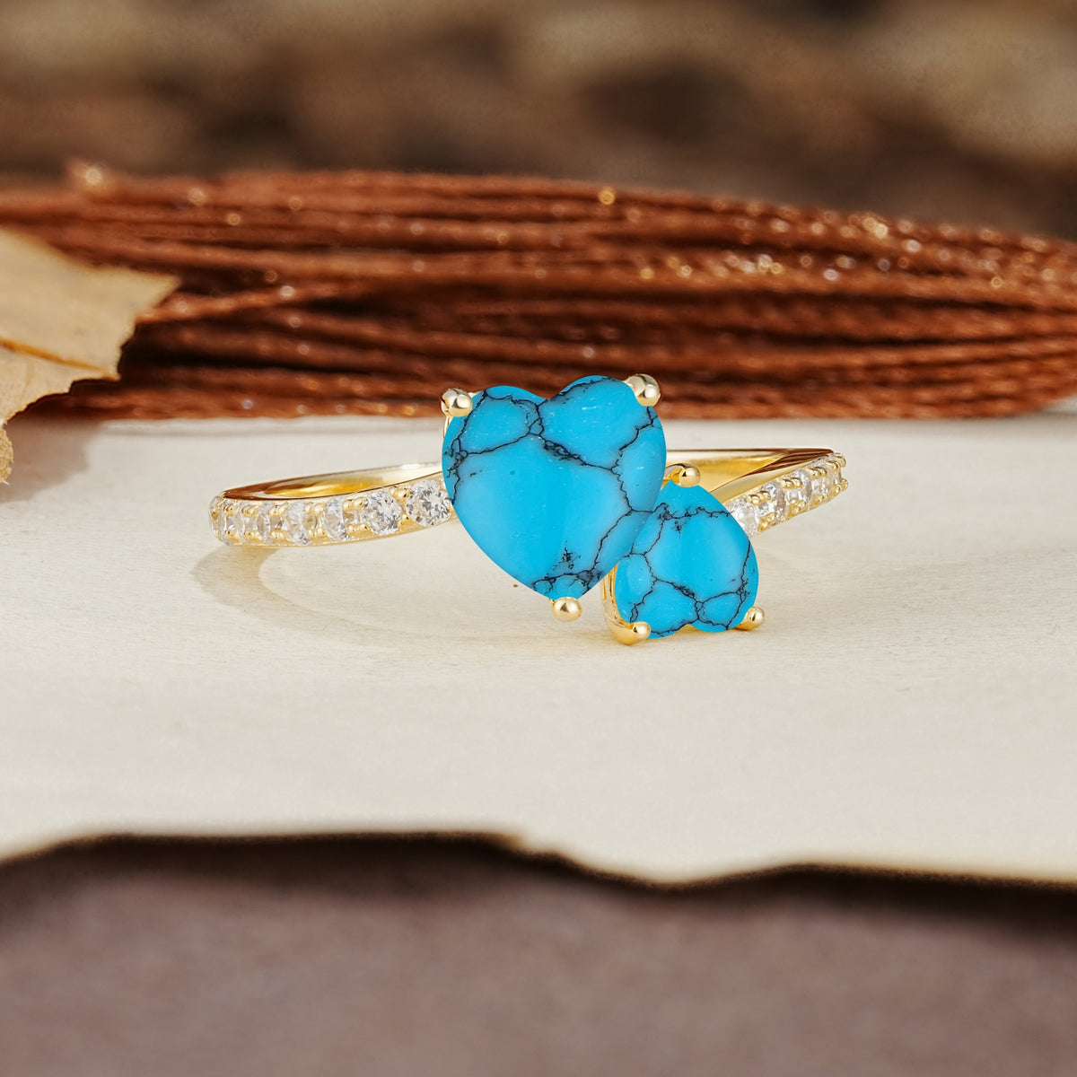 Unique Classic 3-Prong Heart Cut TurquoiseTwo Stones Engagement Ring - Additional view