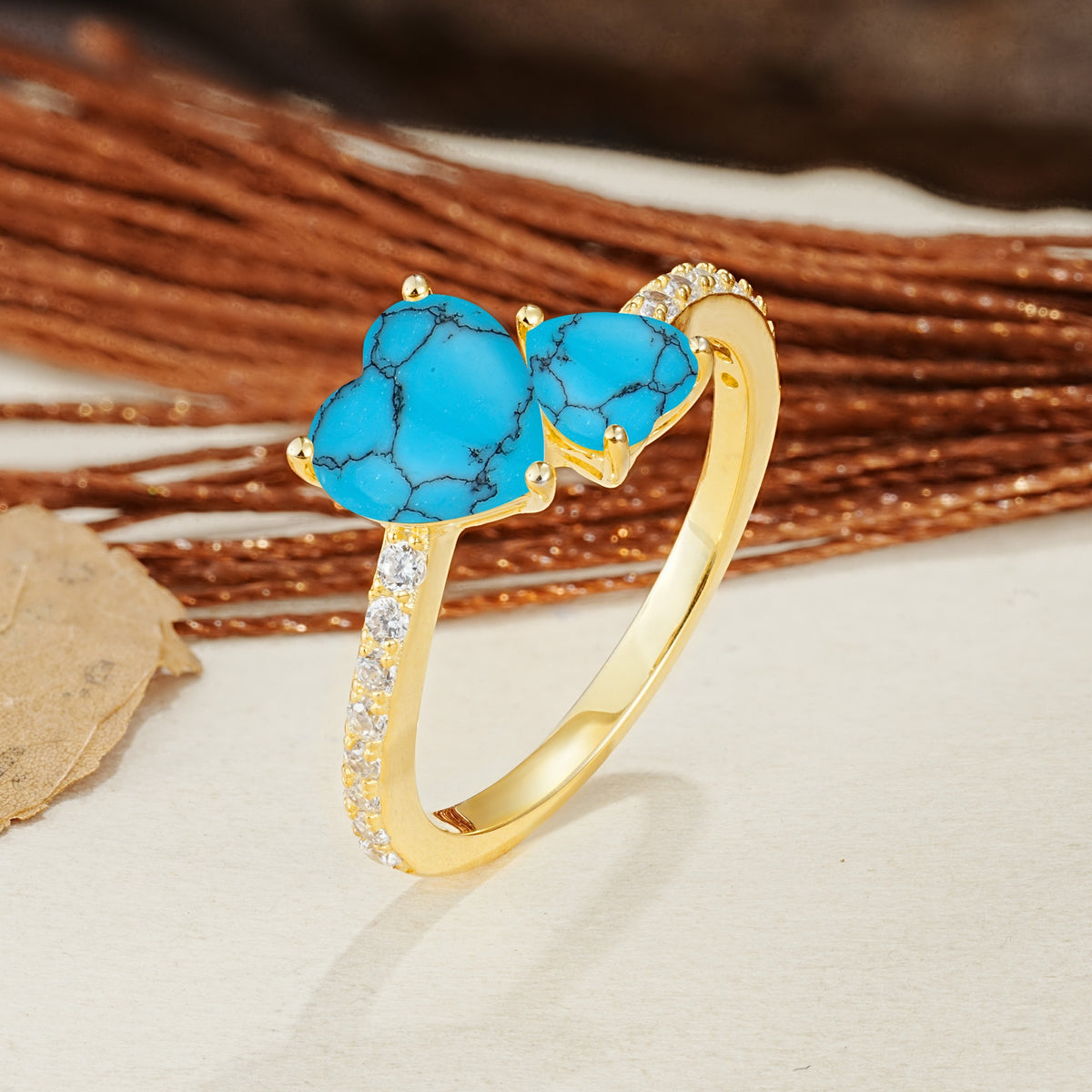 Unique Classic 3-Prong Heart Cut TurquoiseTwo Stones Engagement Ring - Additional view