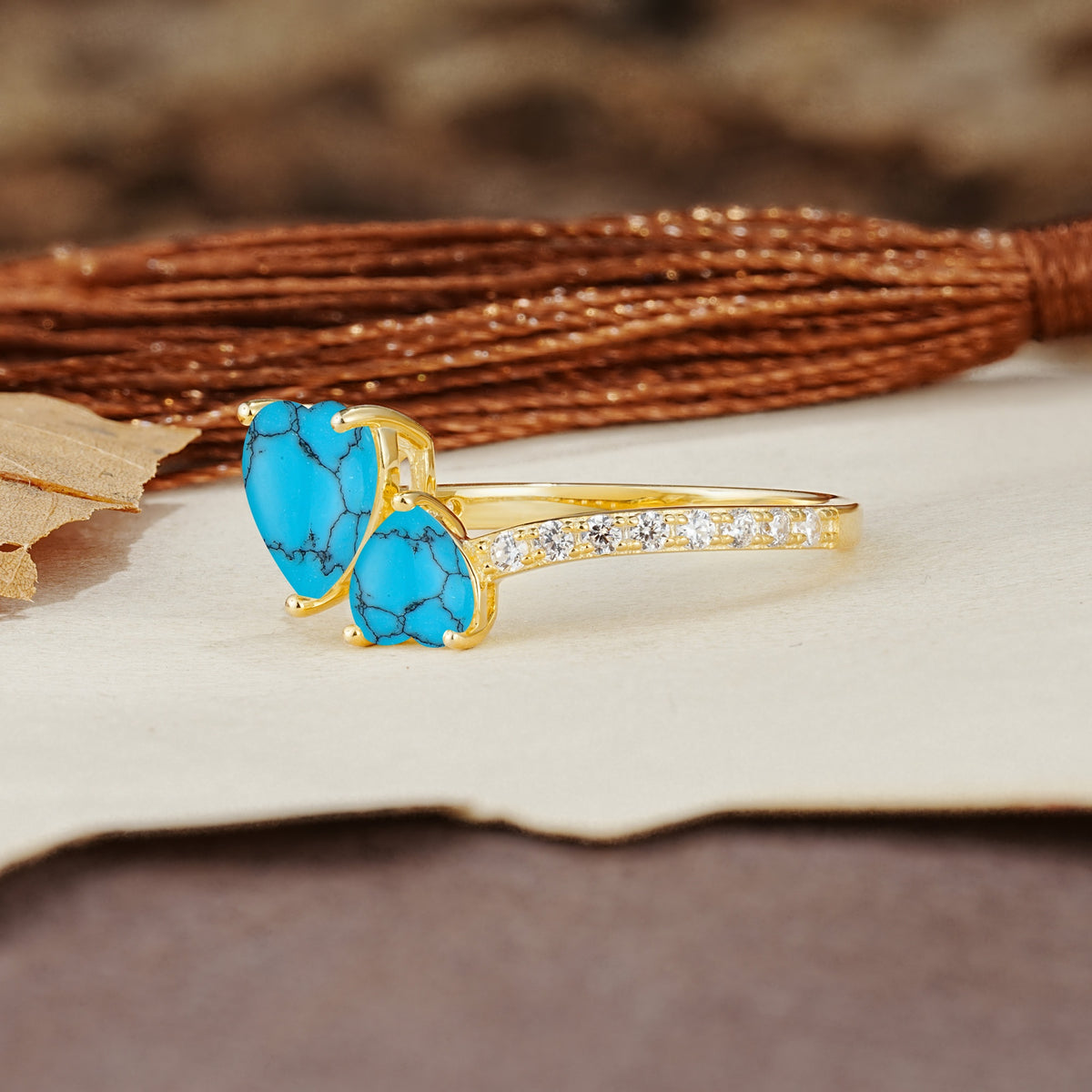 Unique Classic 3-Prong Heart Cut TurquoiseTwo Stones Engagement Ring - Additional view