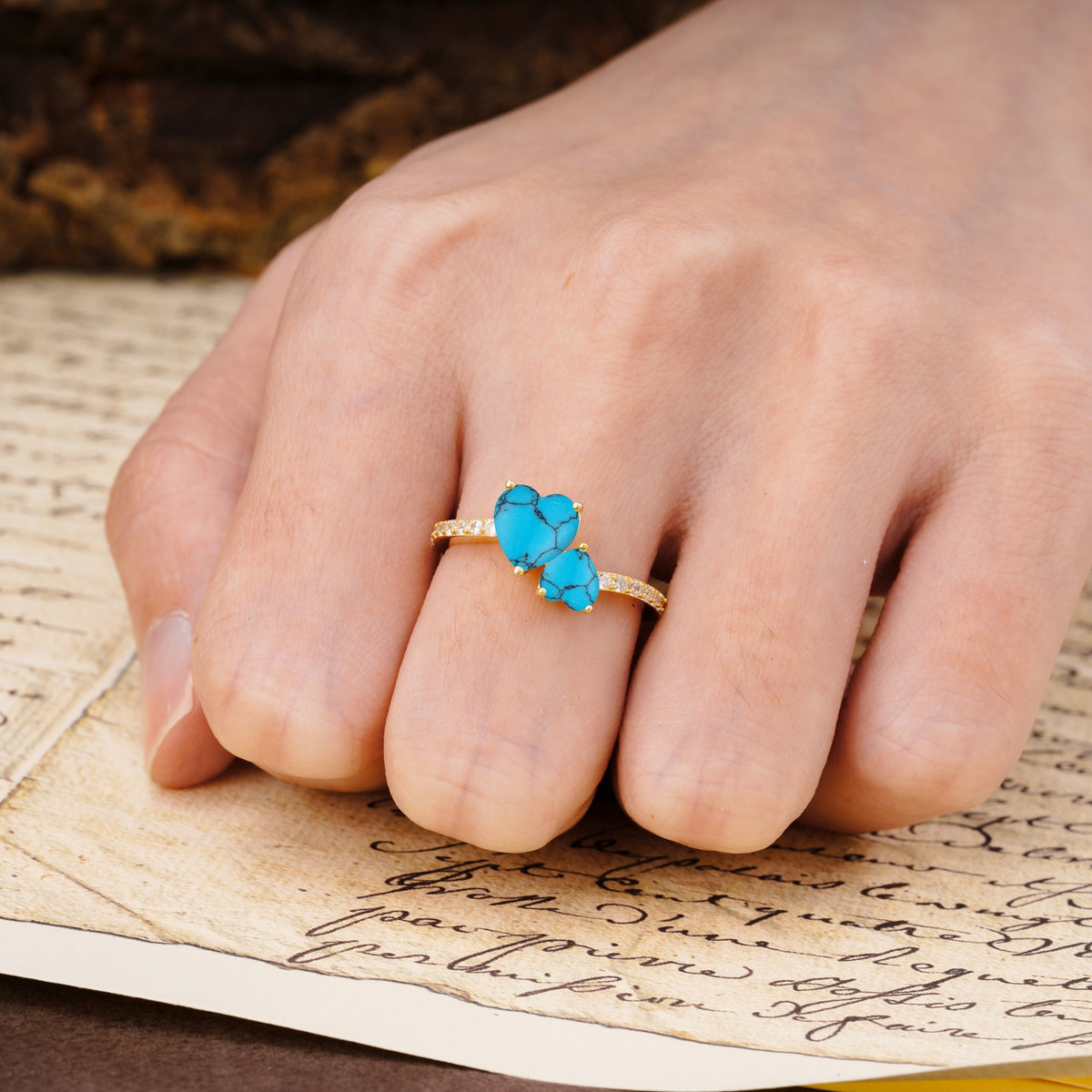 Unique Classic 3-Prong Heart Cut TurquoiseTwo Stones Engagement Ring - Additional view