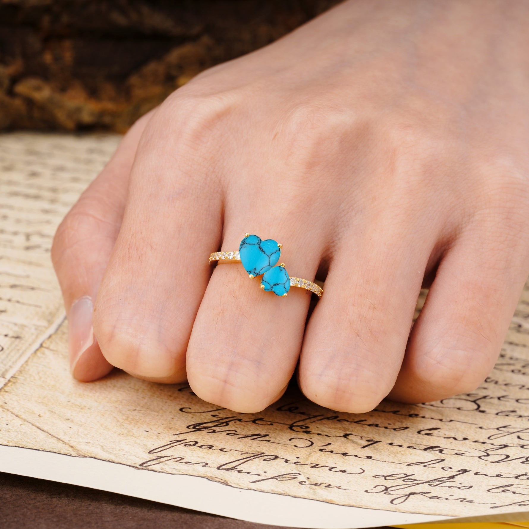 Unique Classic 3-Prong Heart Cut TurquoiseTwo Stones Engagement Ring - Additional view