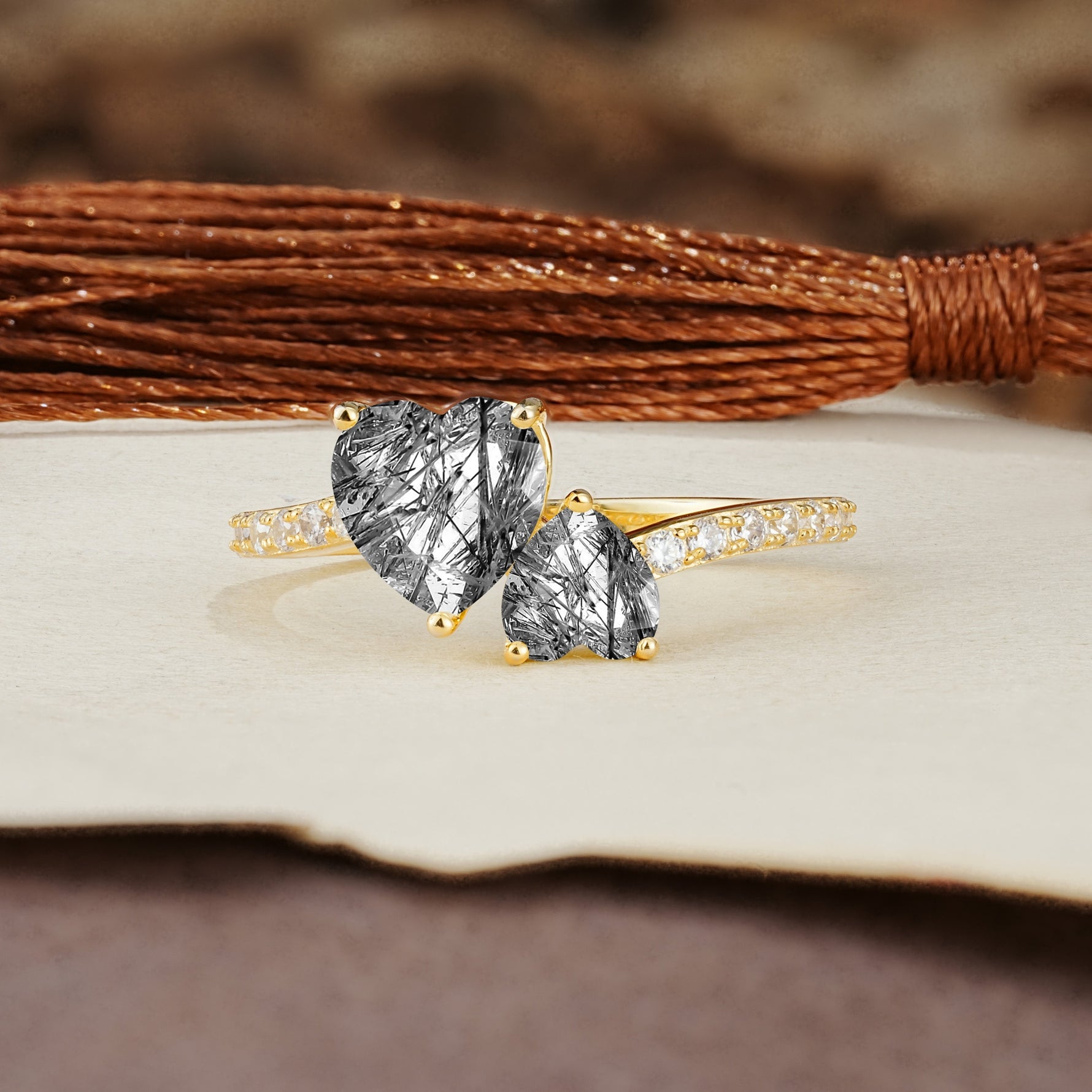 Unique Classic 3-Prong Heart Cut Black Rutilated QuartzTwo Stones Engagement Ring - Additional view