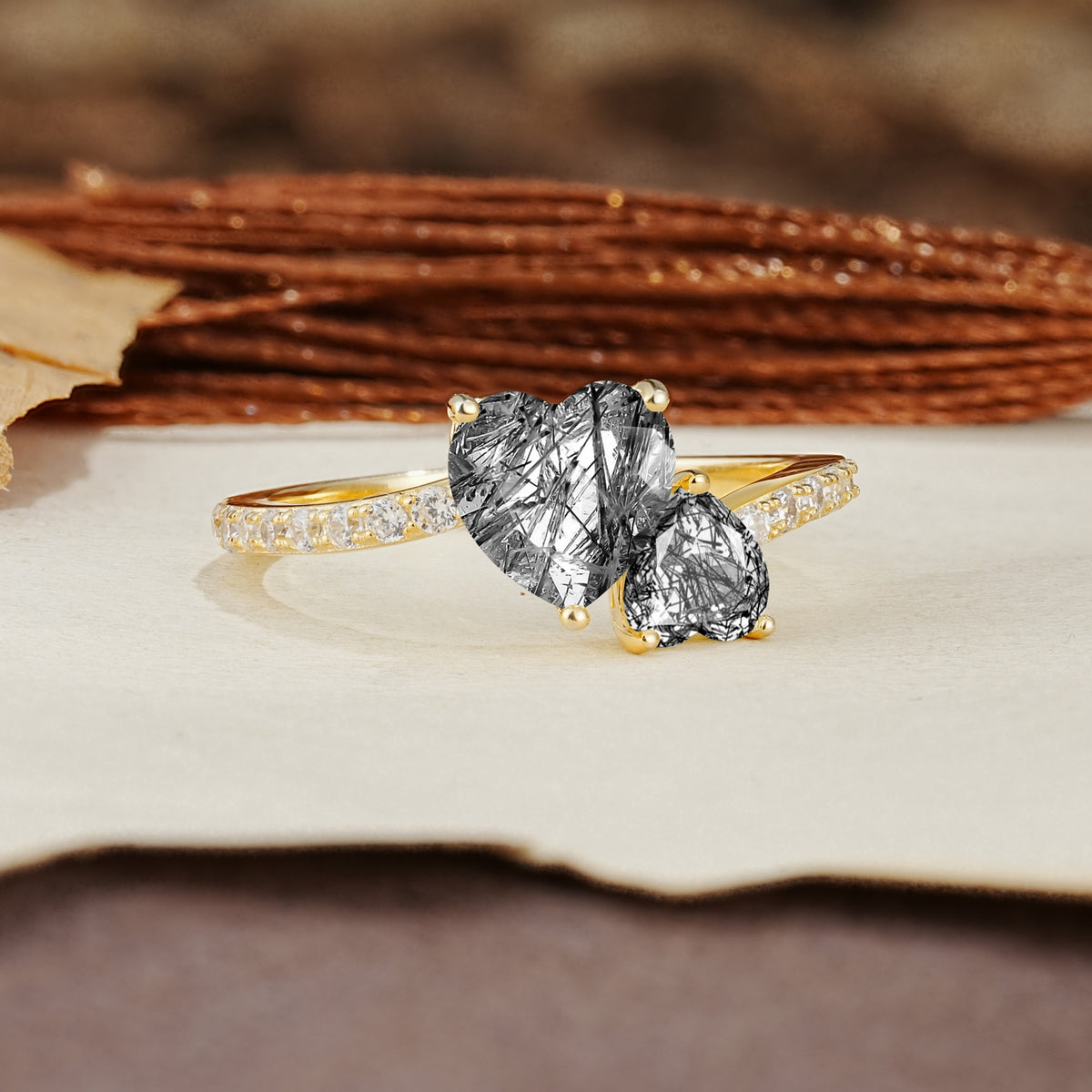 Unique Classic 3-Prong Heart Cut Black Rutilated QuartzTwo Stones Engagement Ring - Additional view