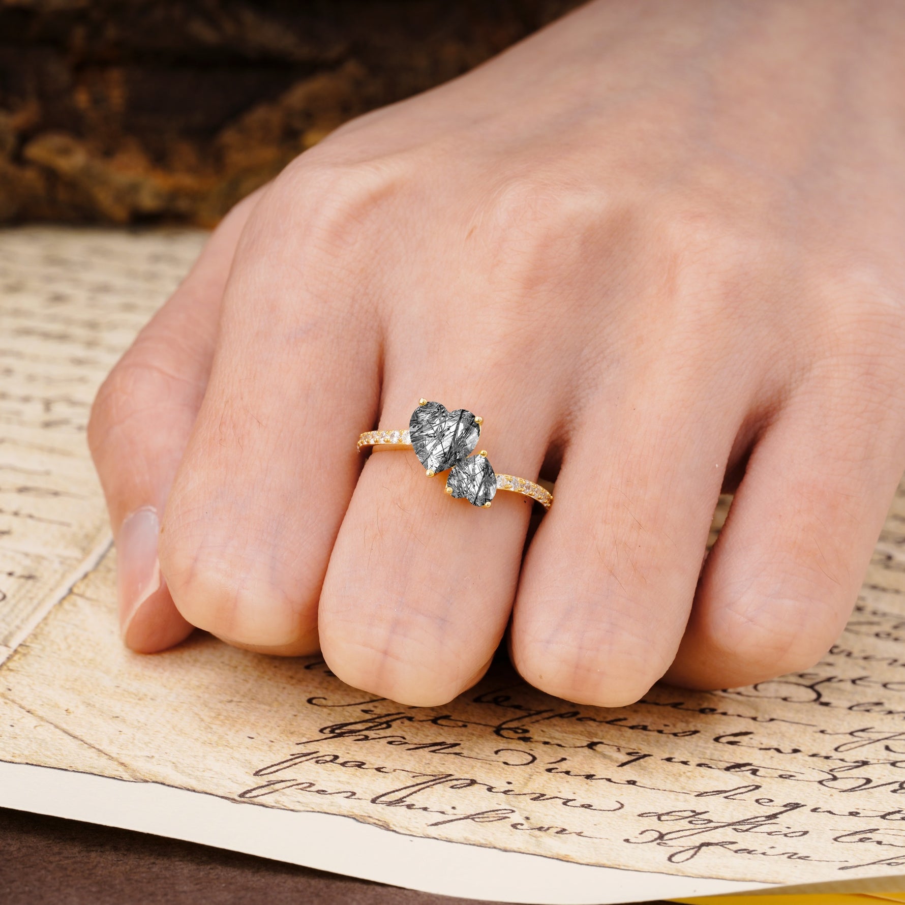 Unique Classic 3-Prong Heart Cut Black Rutilated QuartzTwo Stones Engagement Ring - Additional view