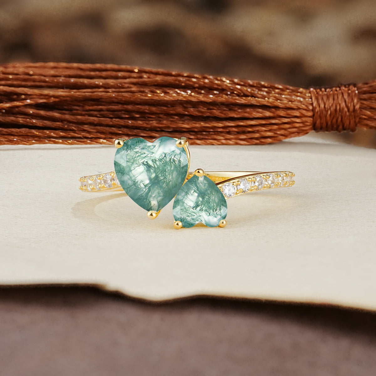 Unique Classic 3-Prong Heart Cut Moss AgateTwo Stones Engagement Ring - Additional view