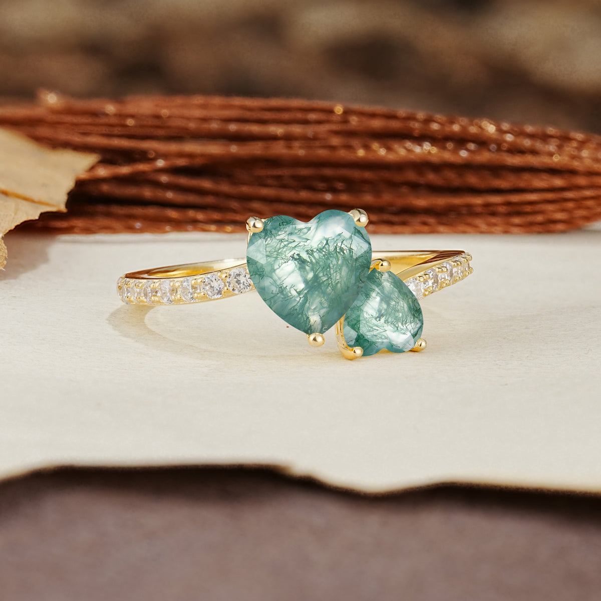 Unique Classic 3-Prong Heart Cut Moss AgateTwo Stones Engagement Ring - Additional view