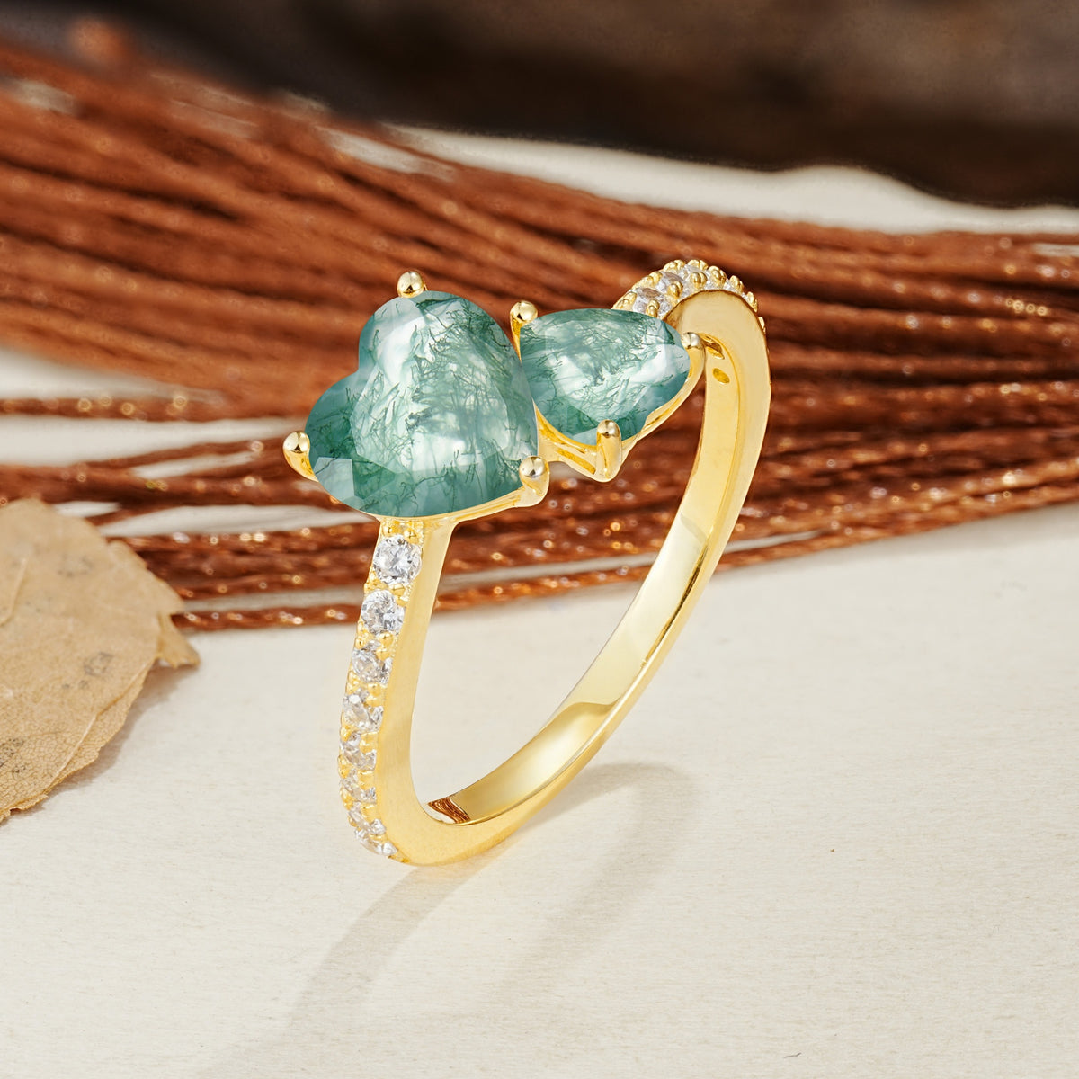Unique Classic 3-Prong Heart Cut Moss AgateTwo Stones Engagement Ring - Additional view