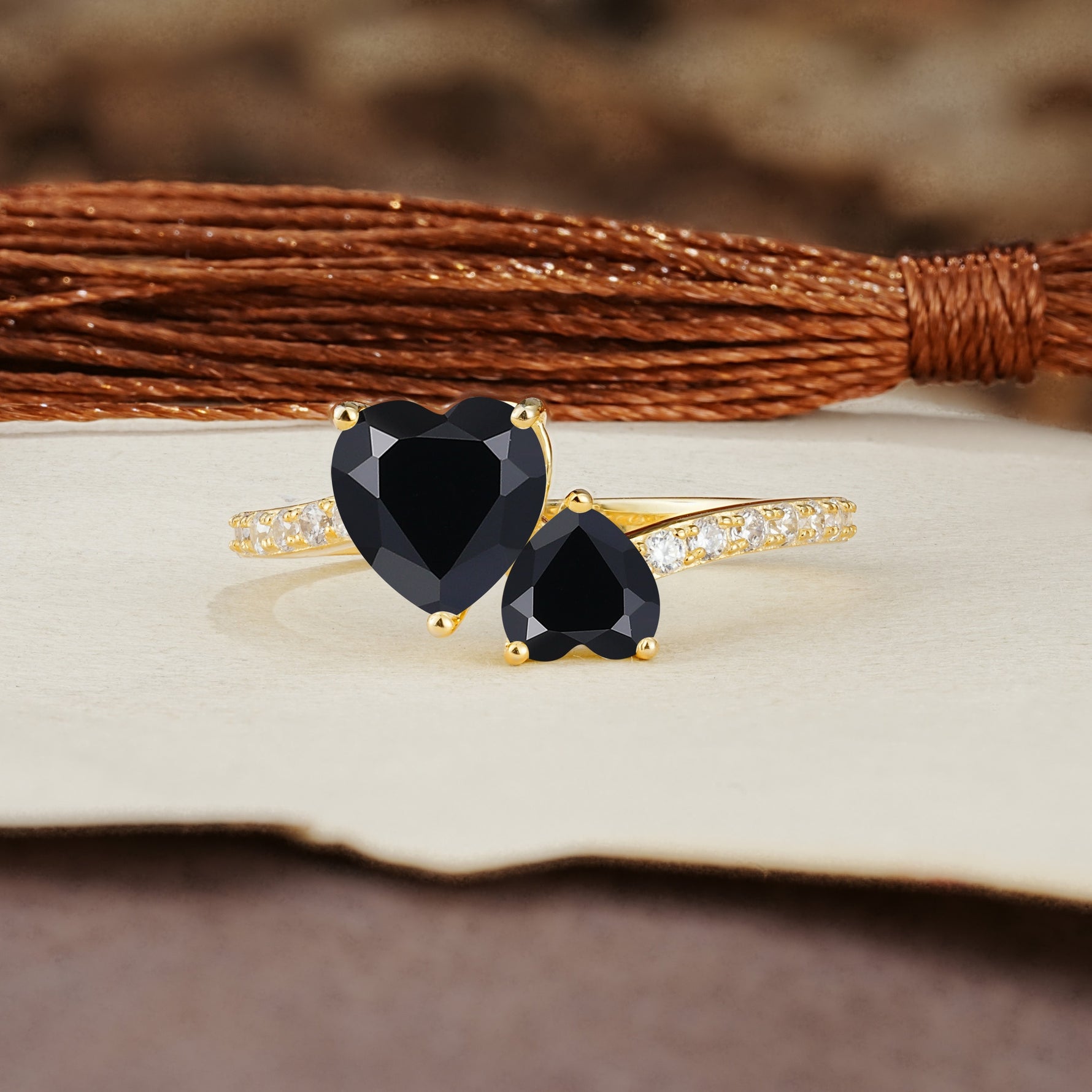 Unique Classic 3-Prong Heart Cut Black OnyxTwo Stones Engagement Ring - Additional view