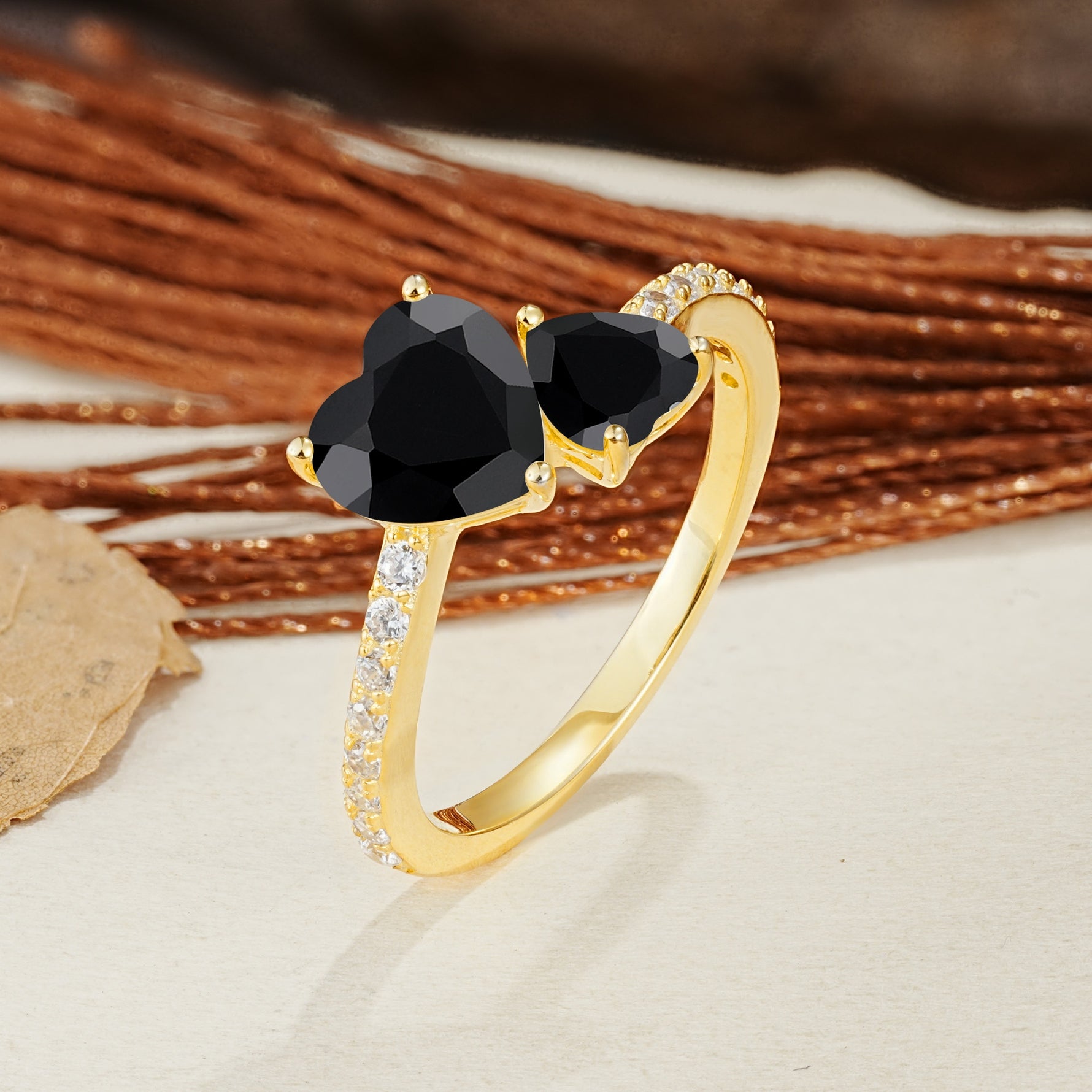 Unique Classic 3-Prong Heart Cut Black OnyxTwo Stones Engagement Ring - Additional view