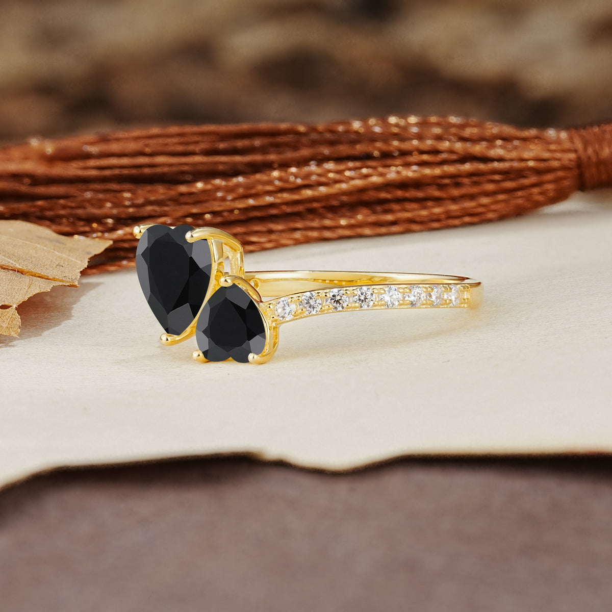Unique Classic 3-Prong Heart Cut Black OnyxTwo Stones Engagement Ring - Additional view