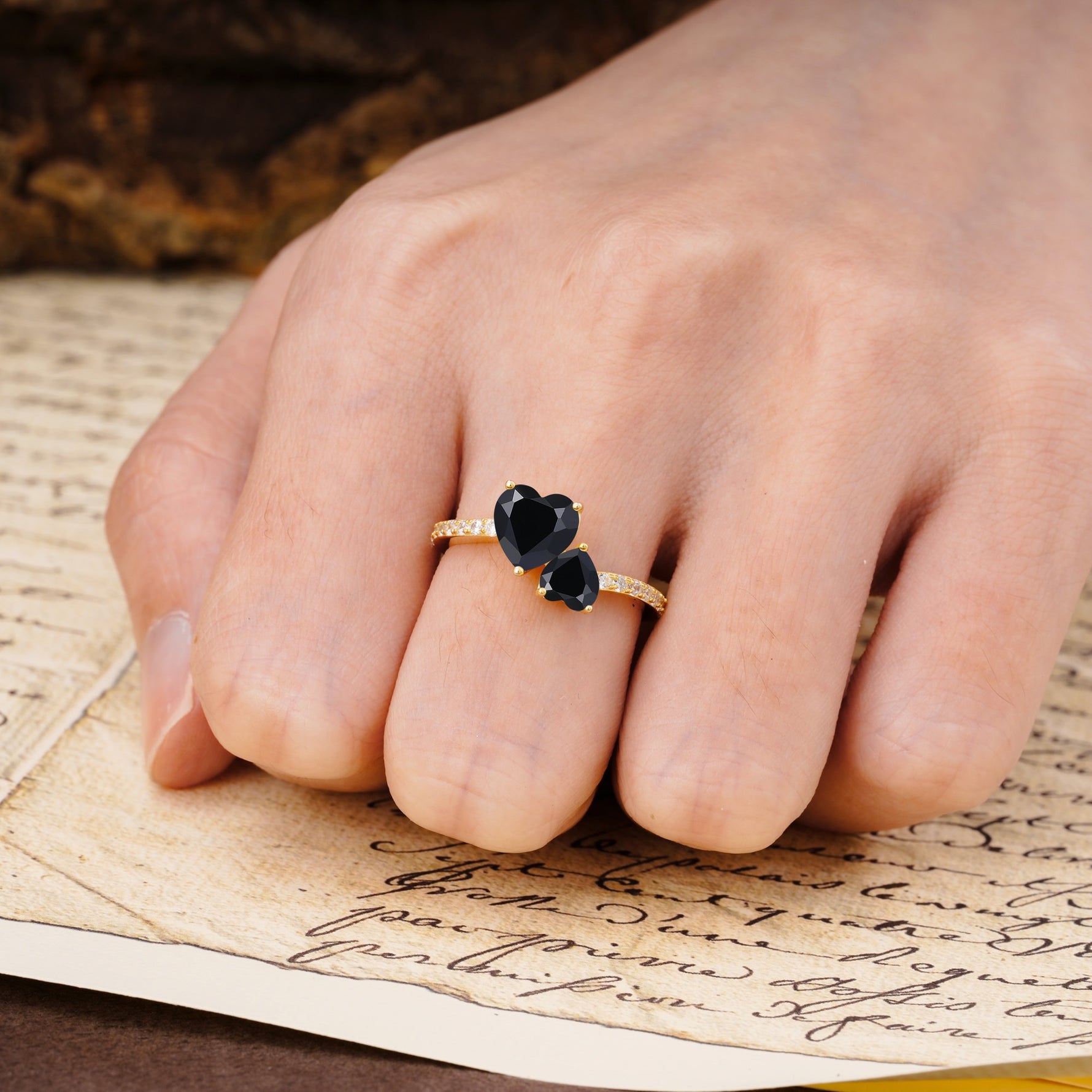 Unique Classic 3-Prong Heart Cut Black OnyxTwo Stones Engagement Ring - Additional view