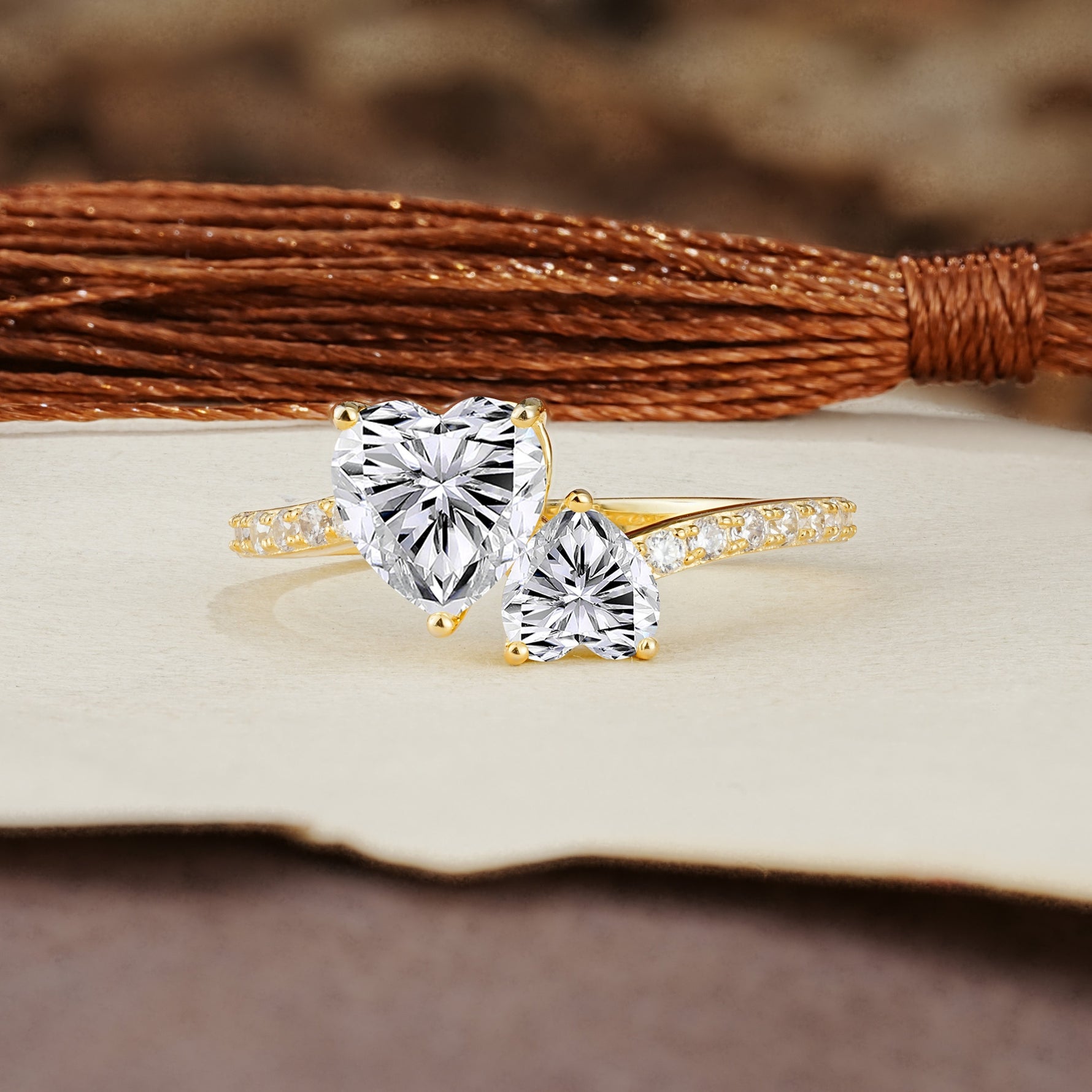 Unique Classic 3-Prong Heart Cut Lab DiamondTwo Stones Engagement Ring - Additional view