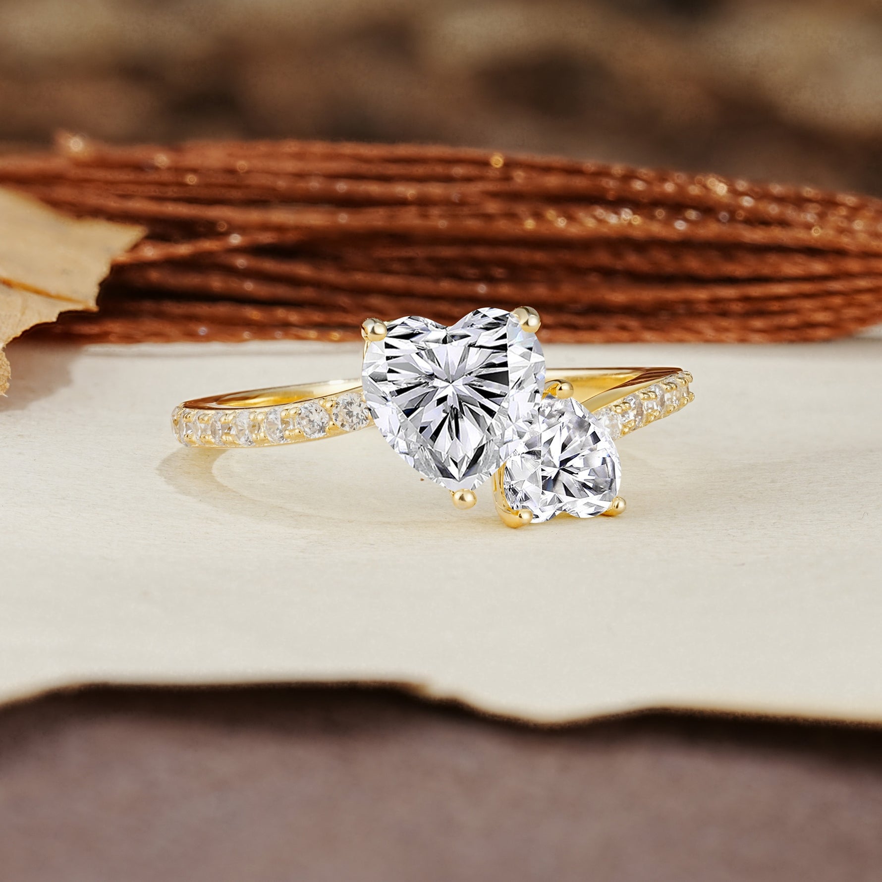 Unique Classic 3-Prong Heart Cut Lab DiamondTwo Stones Engagement Ring - Additional view