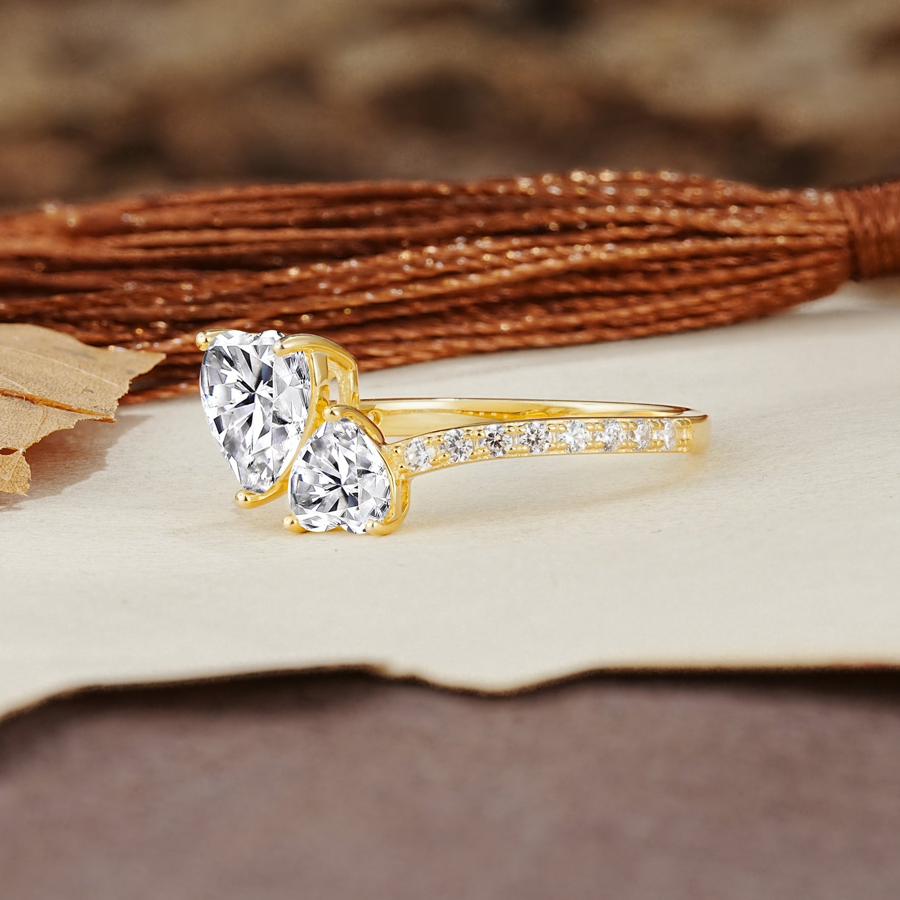 Unique Classic 3-Prong Heart Cut Lab DiamondTwo Stones Engagement Ring - Additional view
