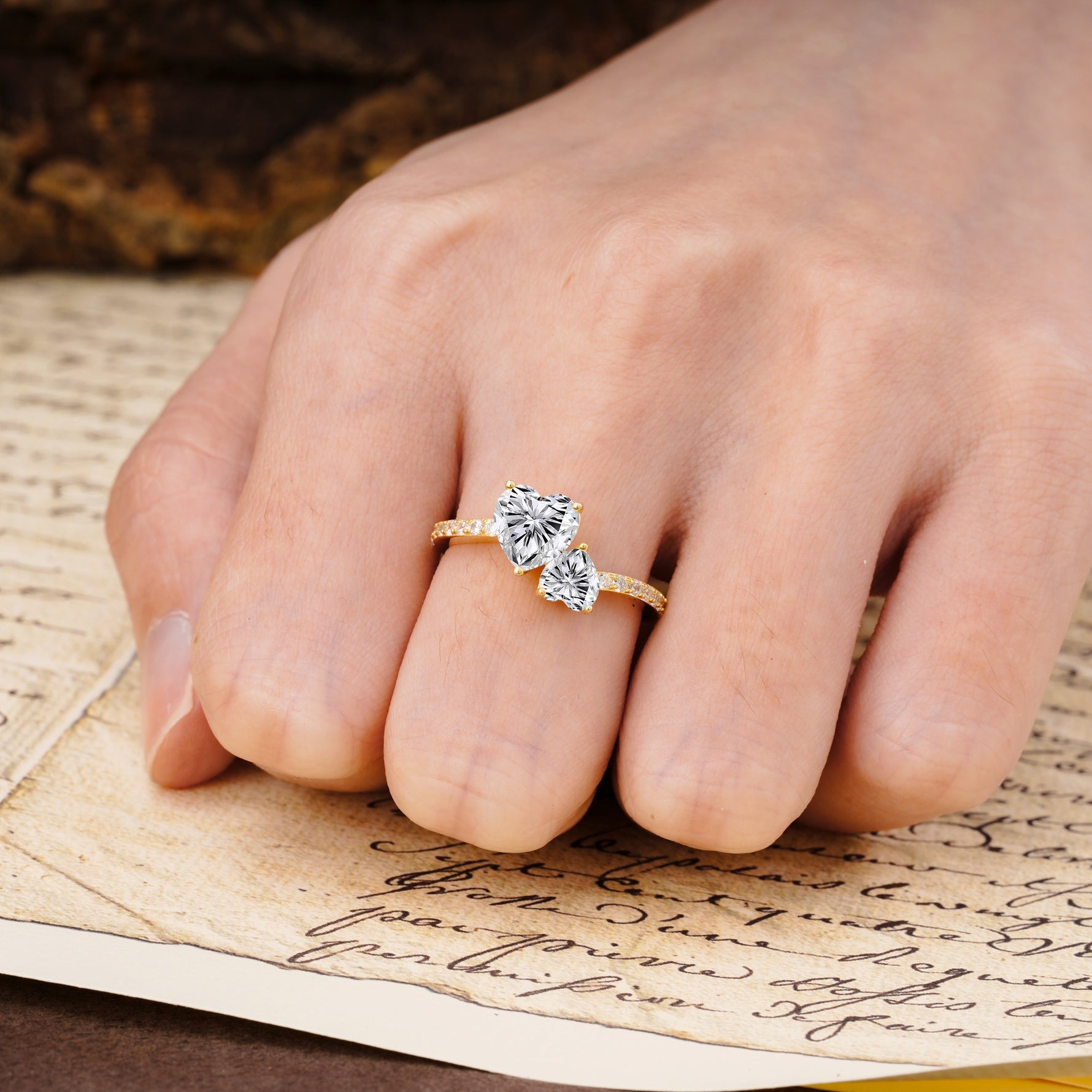 Unique Classic 3-Prong Heart Cut Lab DiamondTwo Stones Engagement Ring - Additional view