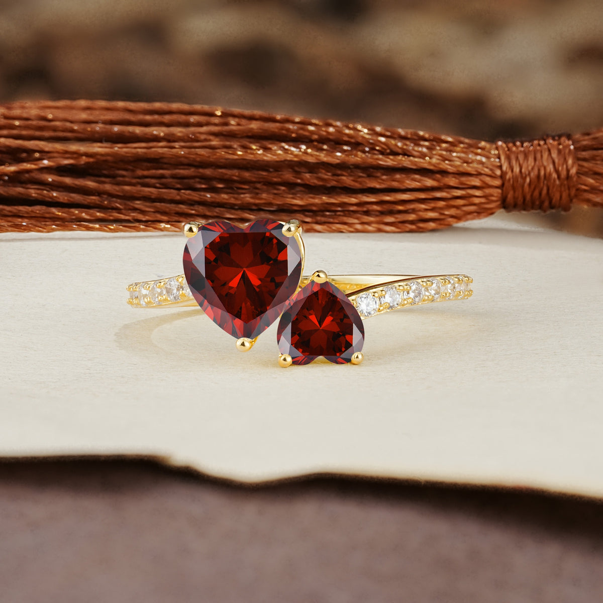 Unique Classic 3-Prong Heart Cut GarnetTwo Stones Engagement Ring - Additional view