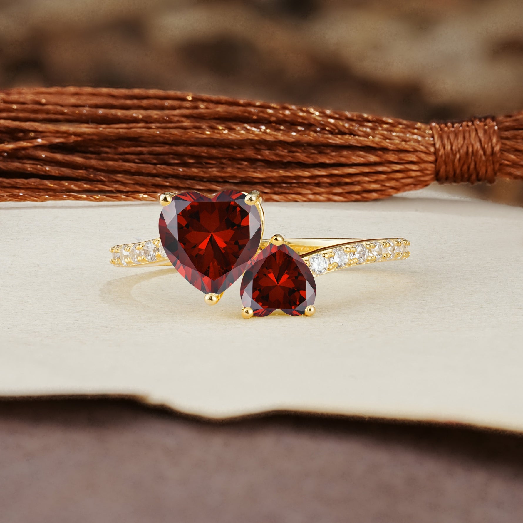 Unique Classic 3-Prong Heart Cut GarnetTwo Stones Engagement Ring - Additional view