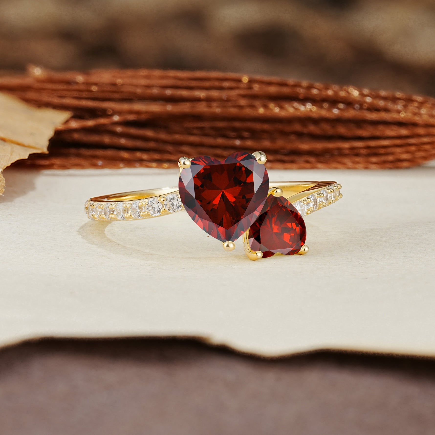 Unique Classic 3-Prong Heart Cut GarnetTwo Stones Engagement Ring - Additional view