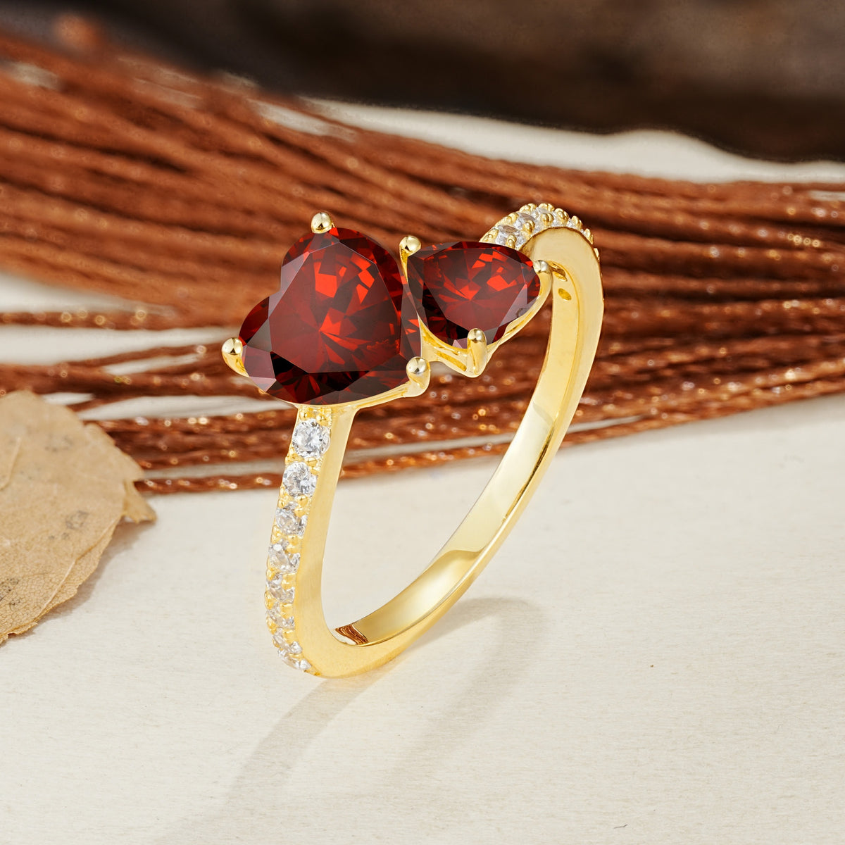 Unique Classic 3-Prong Heart Cut GarnetTwo Stones Engagement Ring - Additional view