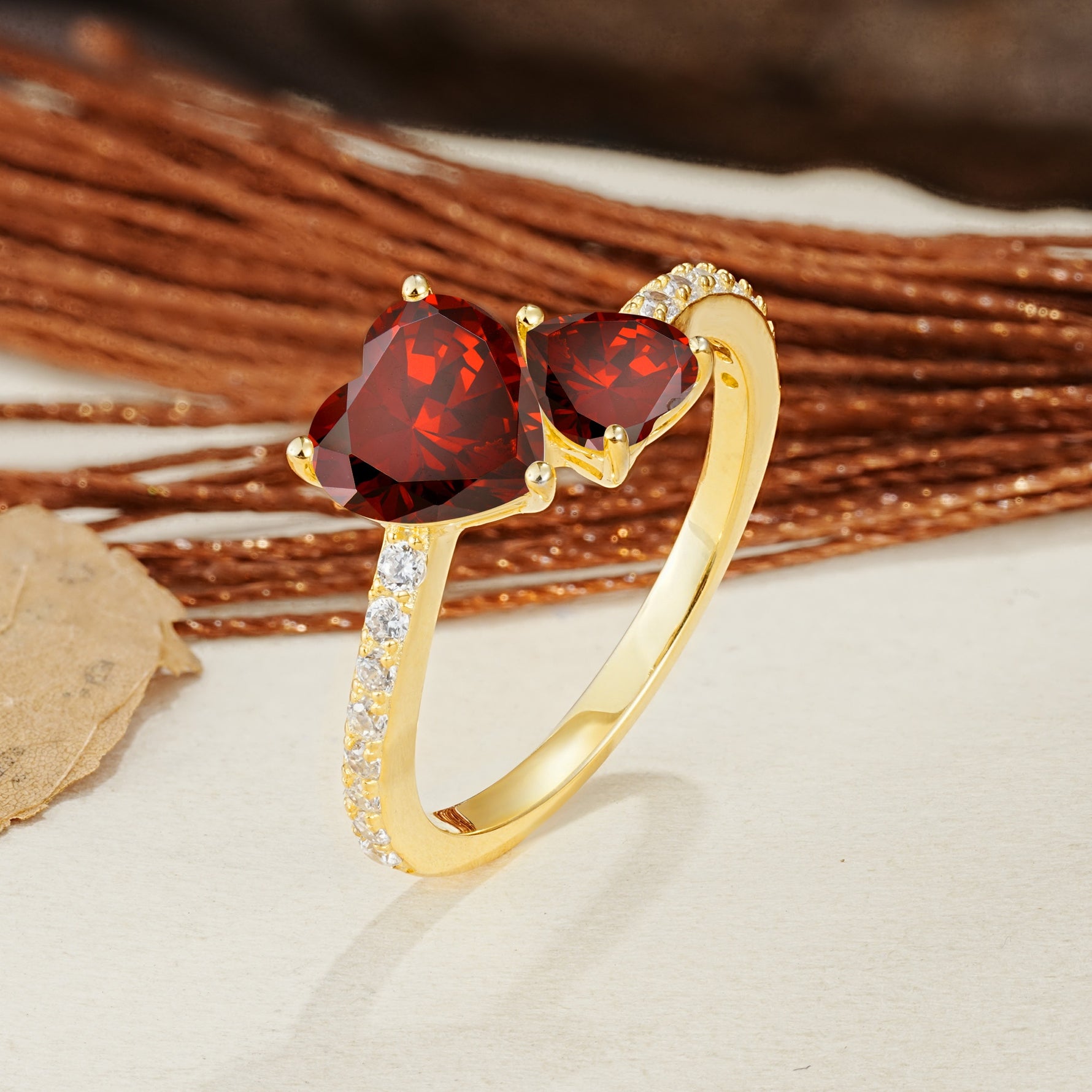 Unique Classic 3-Prong Heart Cut GarnetTwo Stones Engagement Ring - Additional view