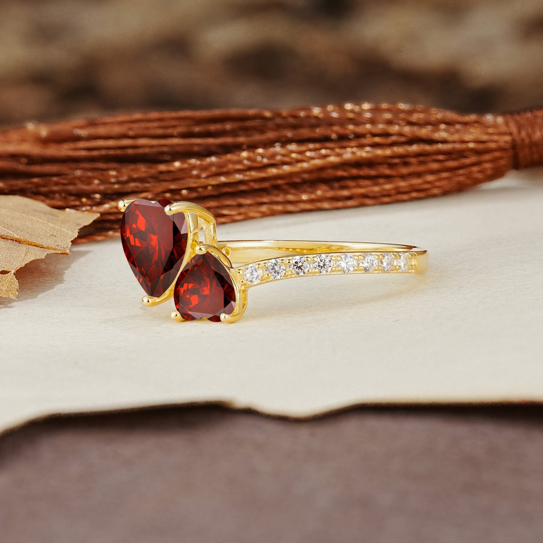 Unique Classic 3-Prong Heart Cut GarnetTwo Stones Engagement Ring - Additional view
