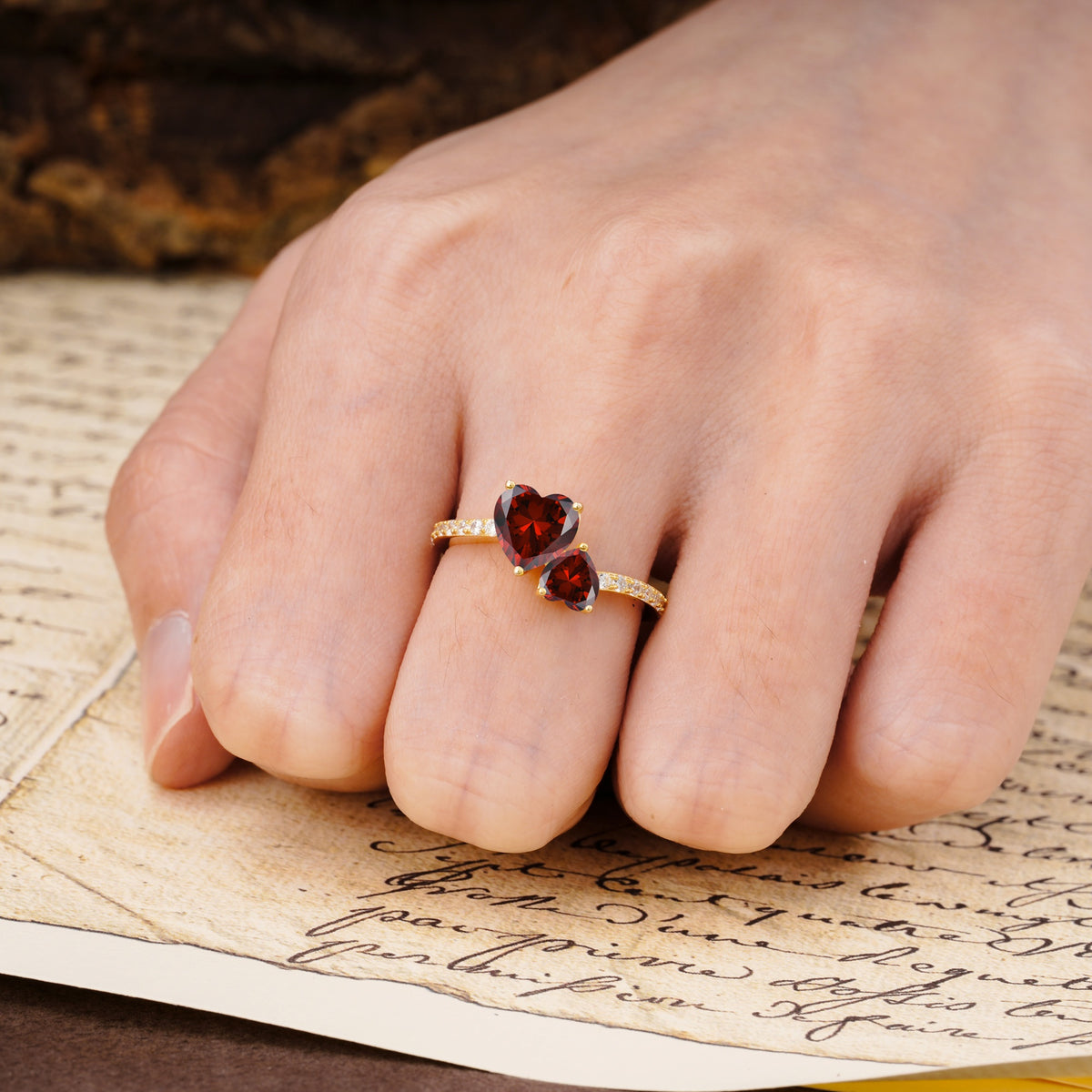 Unique Classic 3-Prong Heart Cut GarnetTwo Stones Engagement Ring - Additional view