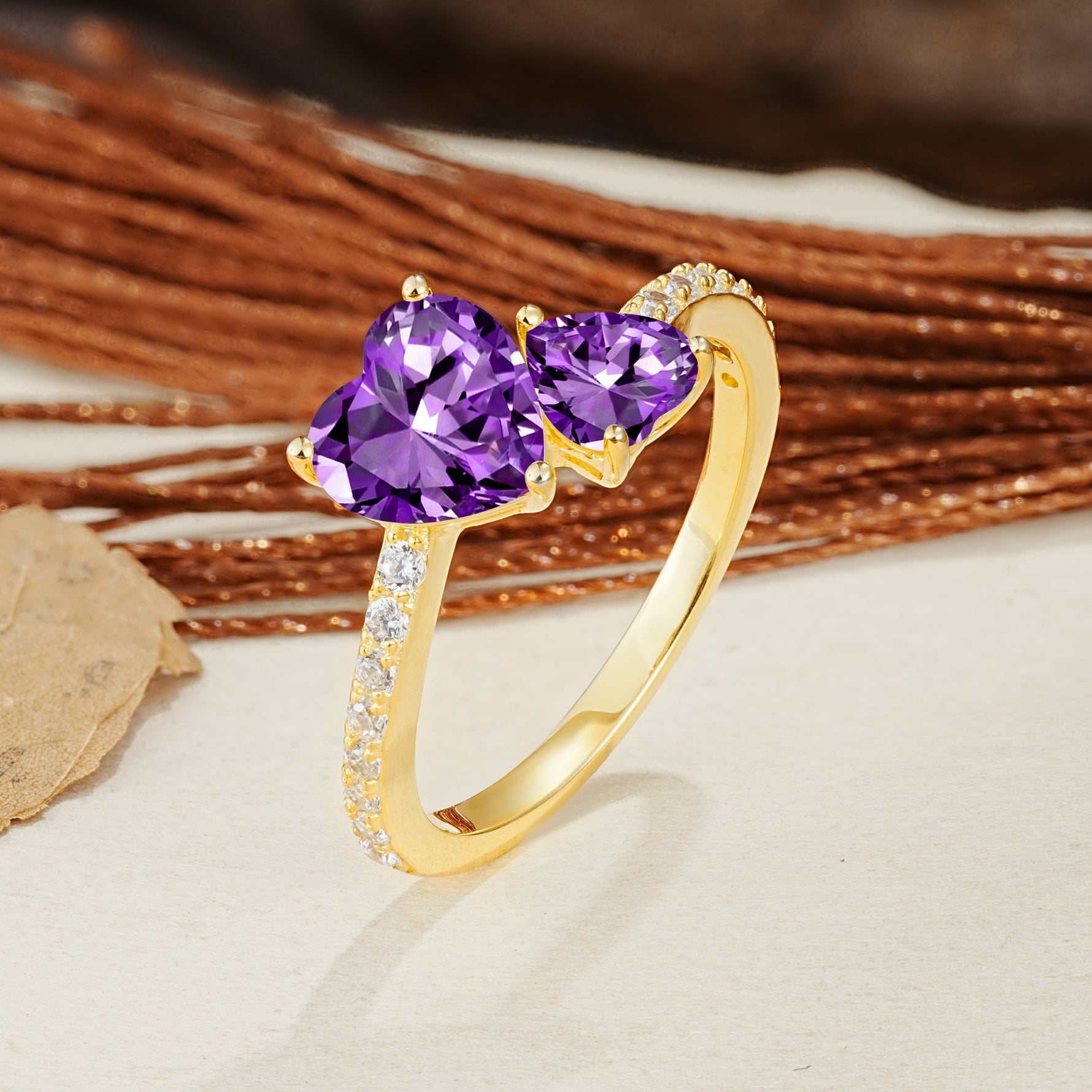 Unique Classic 3-Prong Heart Cut AmethystTwo Stones Engagement Ring - Additional view