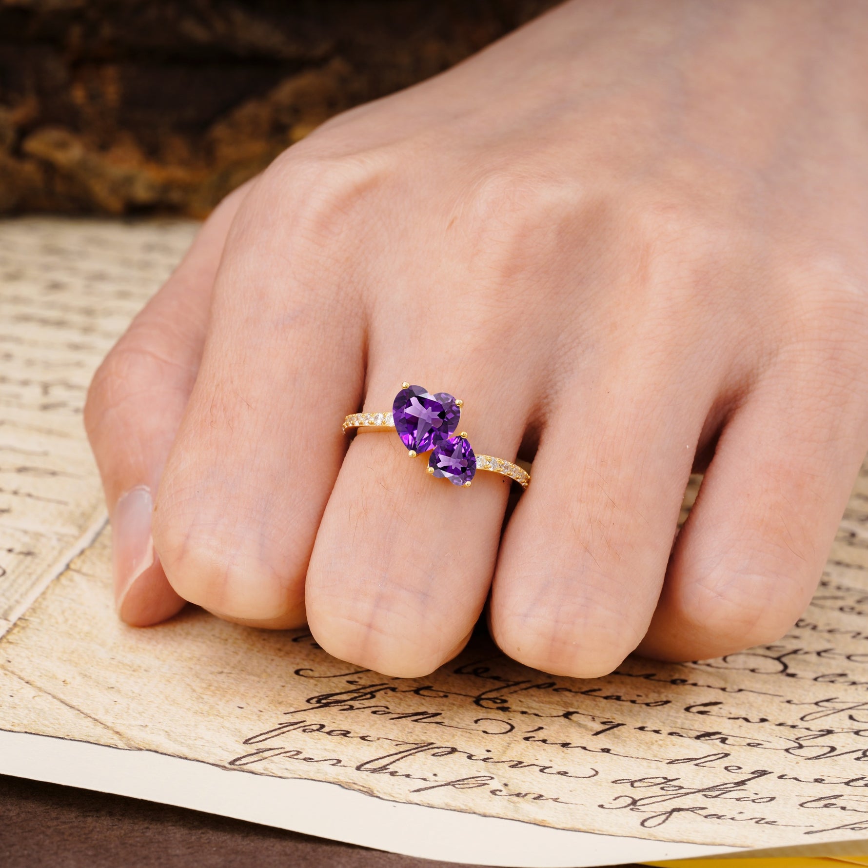 Unique Classic 3-Prong Heart Cut AmethystTwo Stones Engagement Ring - Additional view