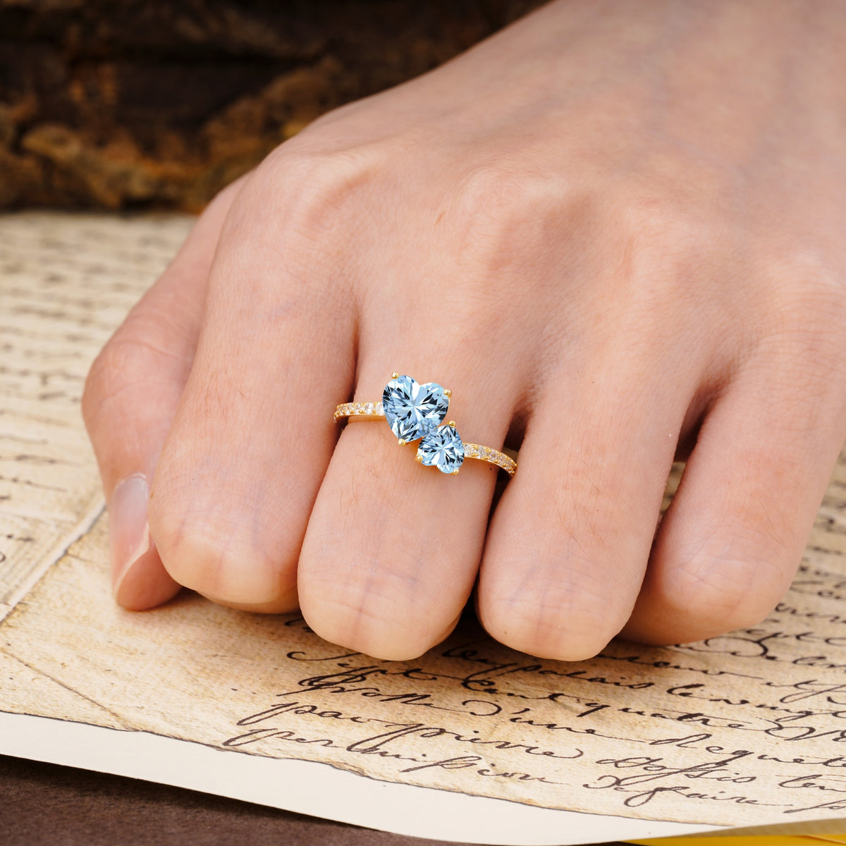 Unique Classic 3-Prong Heart Cut AquamarineTwo Stones Engagement Ring - Additional view