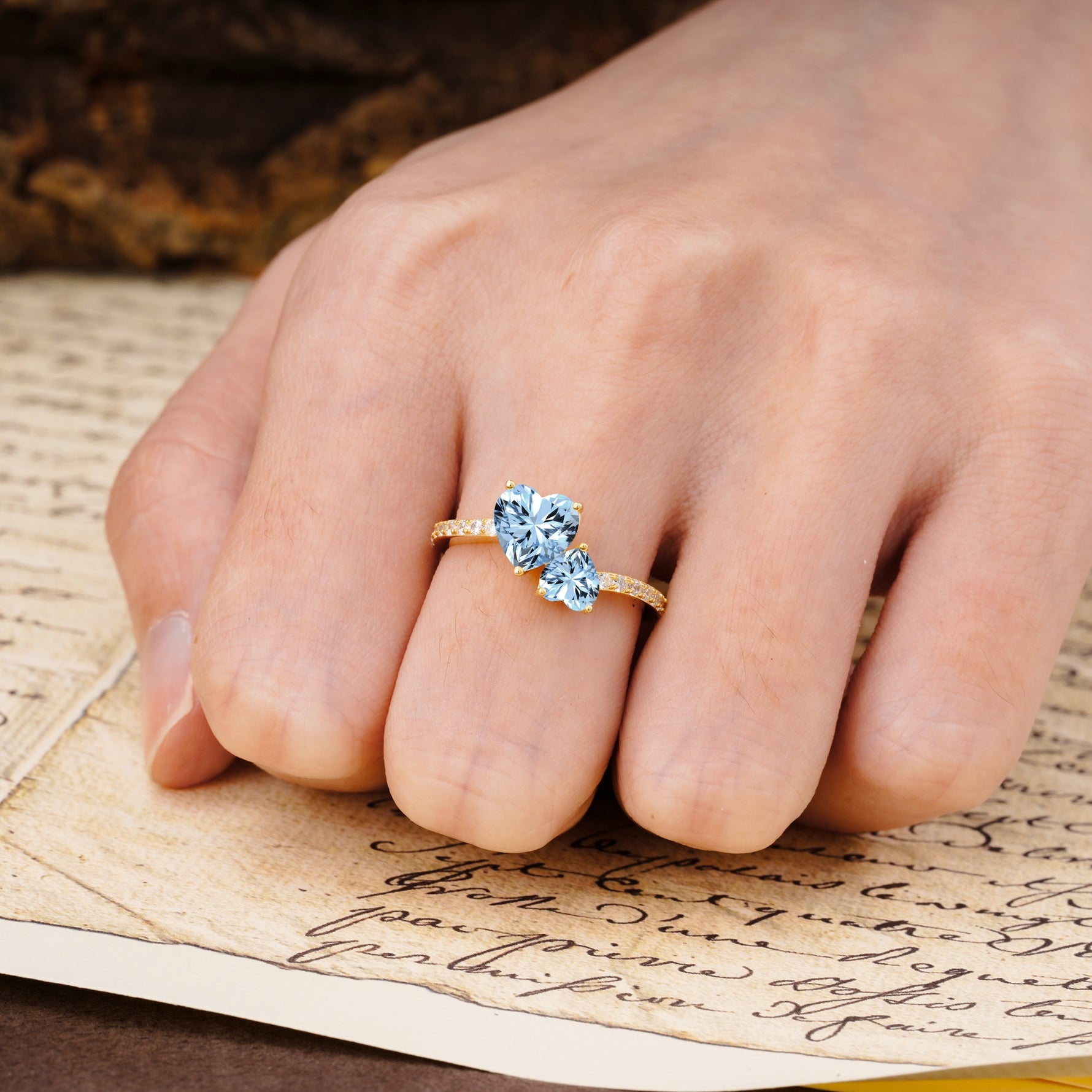 Unique Classic 3-Prong Heart Cut AquamarineTwo Stones Engagement Ring - Additional view