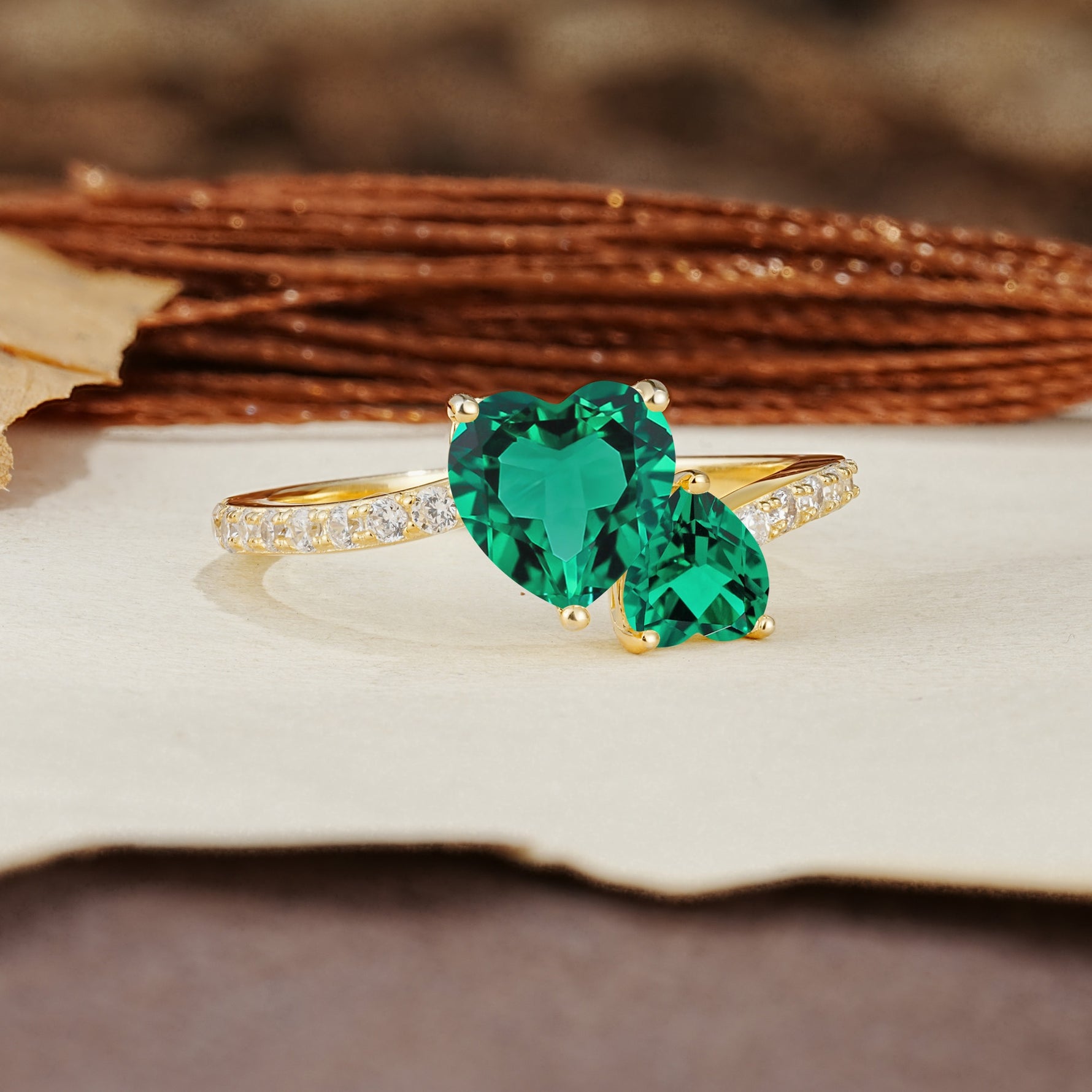 Unique Classic 3-Prong Heart Cut EmeraldTwo Stones Engagement Ring - Additional view