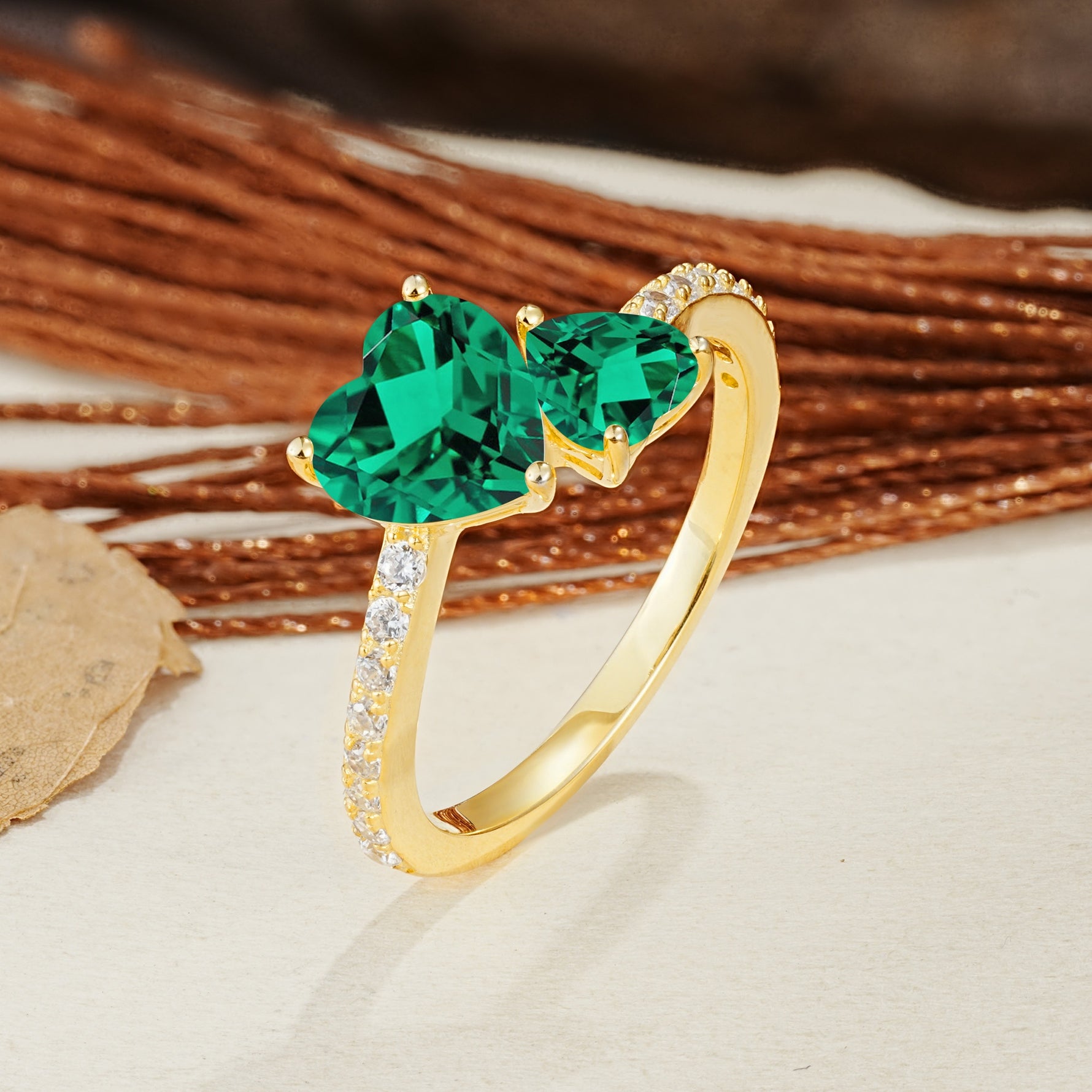 Unique Classic 3-Prong Heart Cut EmeraldTwo Stones Engagement Ring - Additional view
