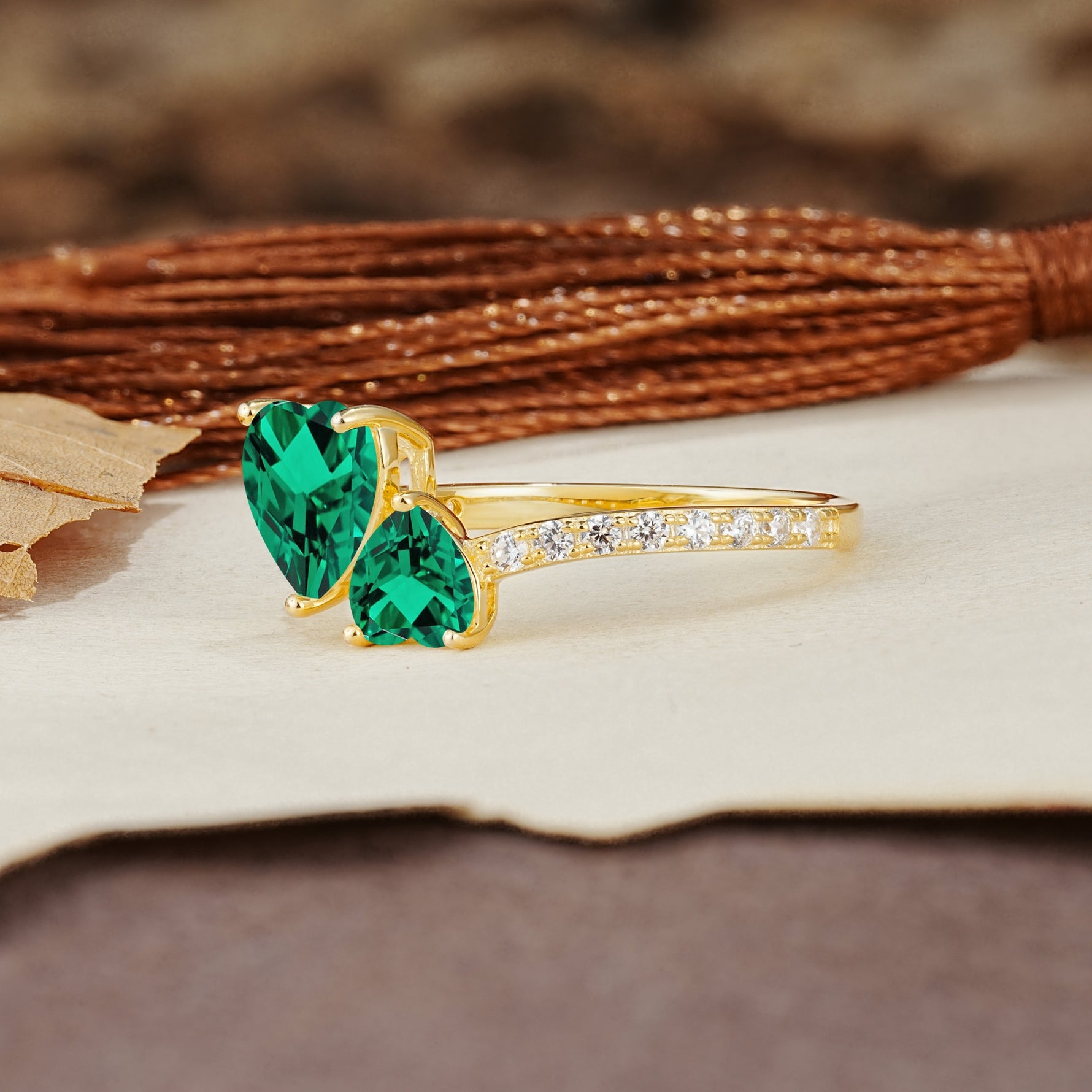 Unique Classic 3-Prong Heart Cut EmeraldTwo Stones Engagement Ring - Additional view