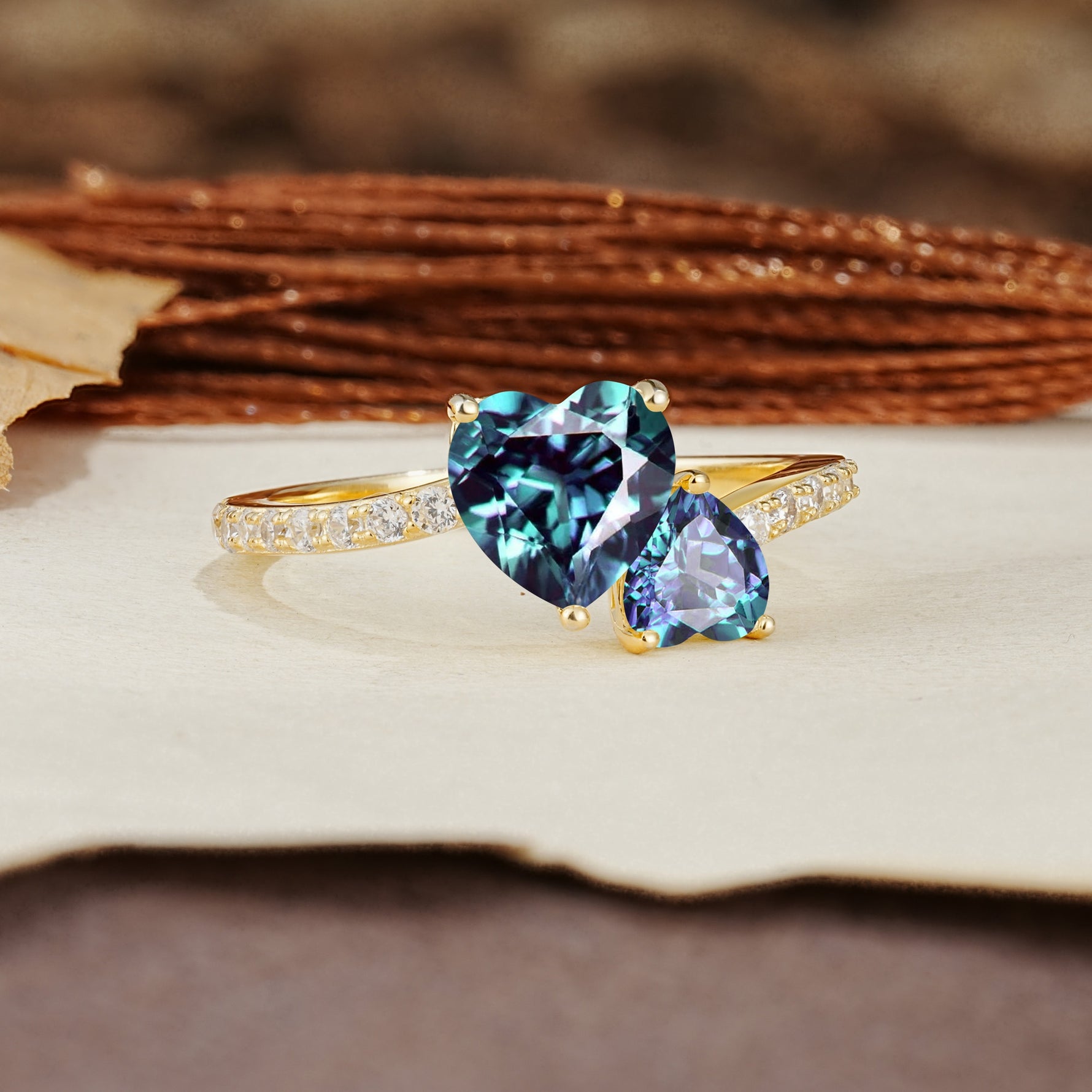 Unique Classic 3-Prong Heart Cut AlexandriteTwo Stones Engagement Ring - Additional view