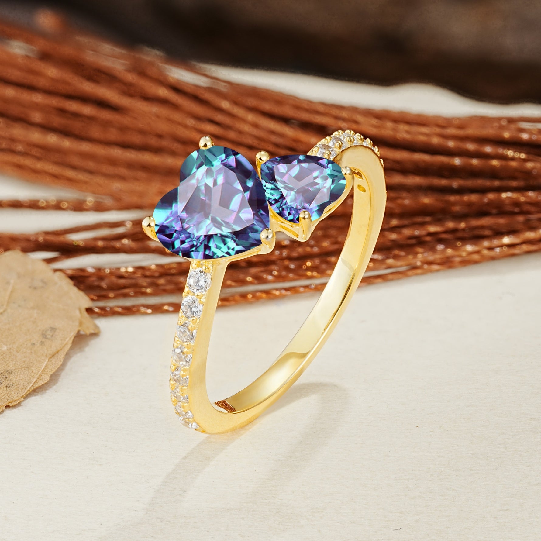 Unique Classic 3-Prong Heart Cut AlexandriteTwo Stones Engagement Ring - Additional view