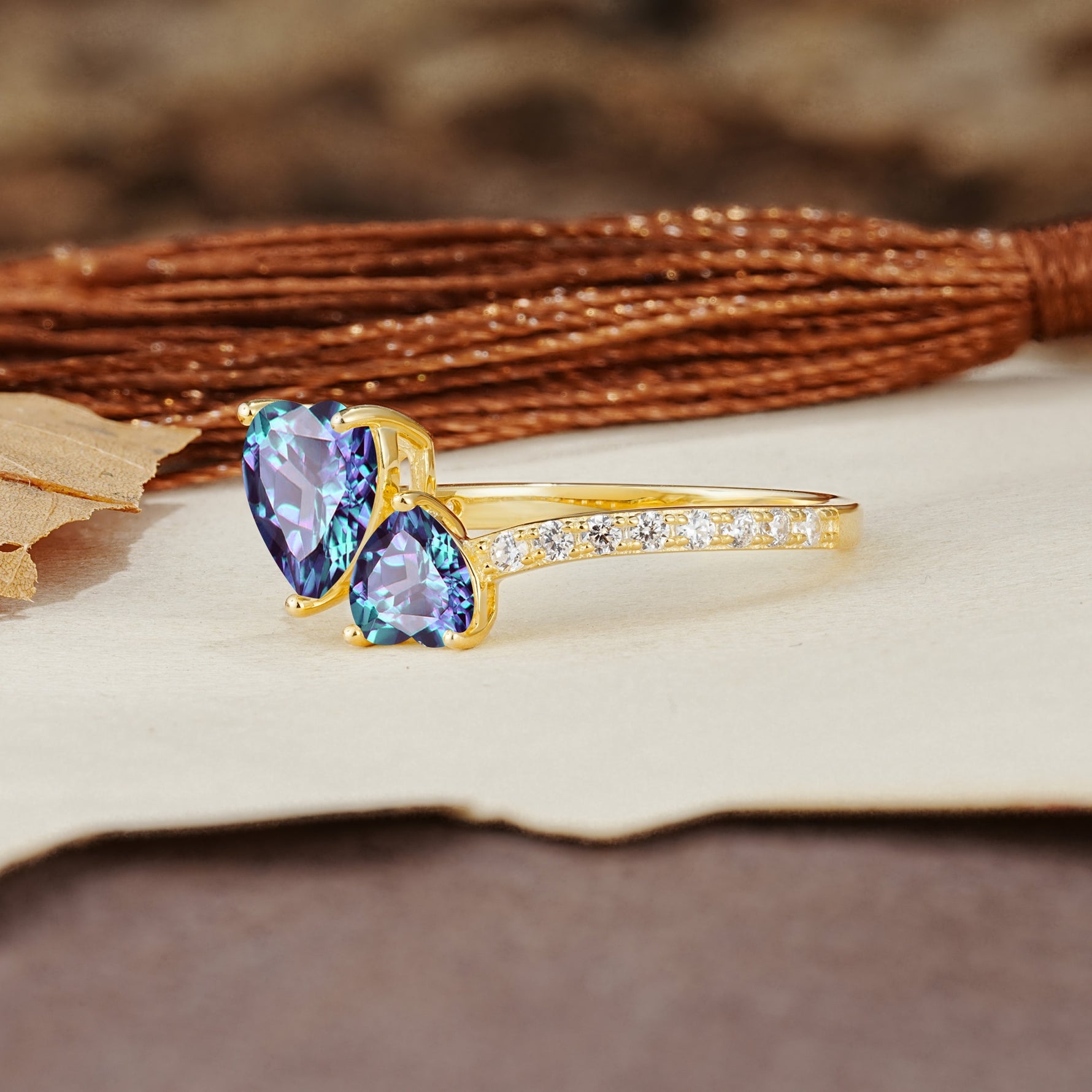 Unique Classic 3-Prong Heart Cut AlexandriteTwo Stones Engagement Ring - Additional view