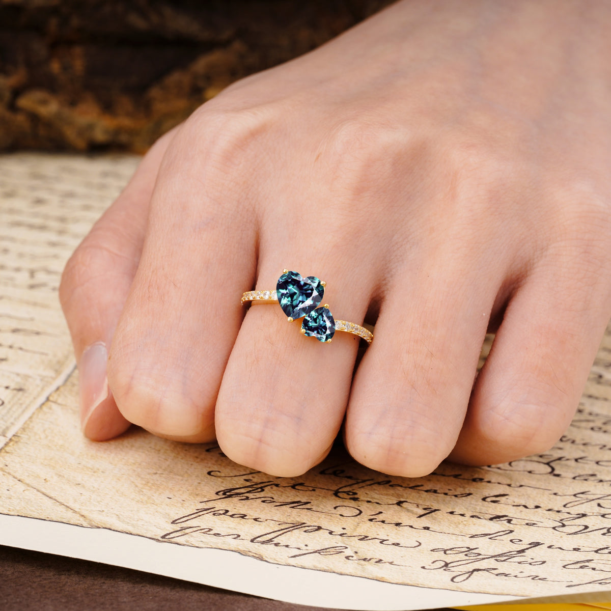Unique Classic 3-Prong Heart Cut AlexandriteTwo Stones Engagement Ring - Additional view