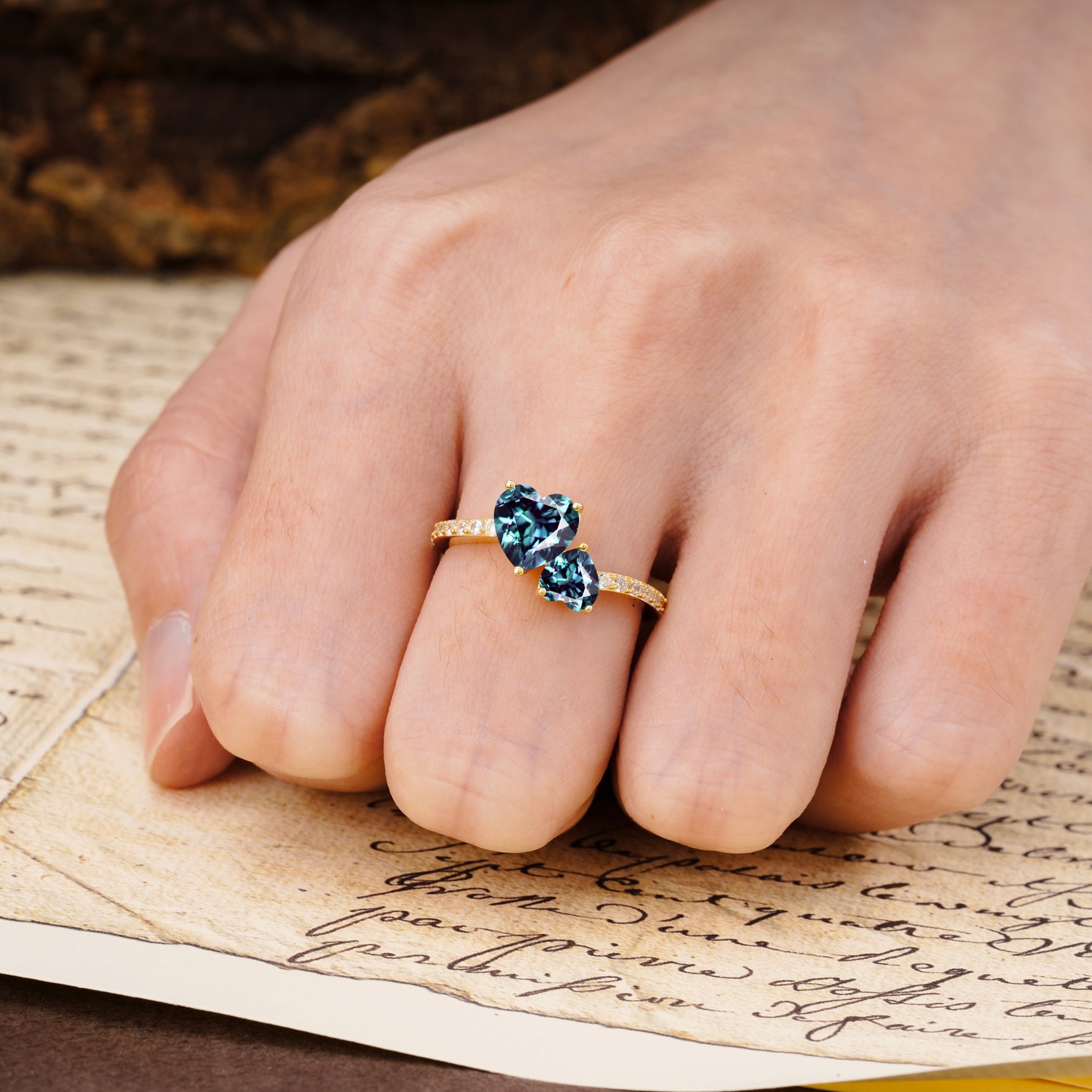 Unique Classic 3-Prong Heart Cut AlexandriteTwo Stones Engagement Ring - Additional view