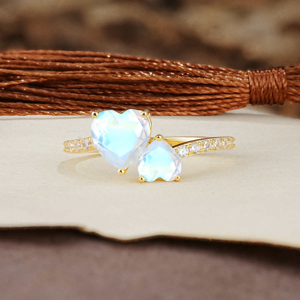 Unique Classic 3-Prong Heart Cut MoonstoneTwo Stones Engagement Ring - Additional view