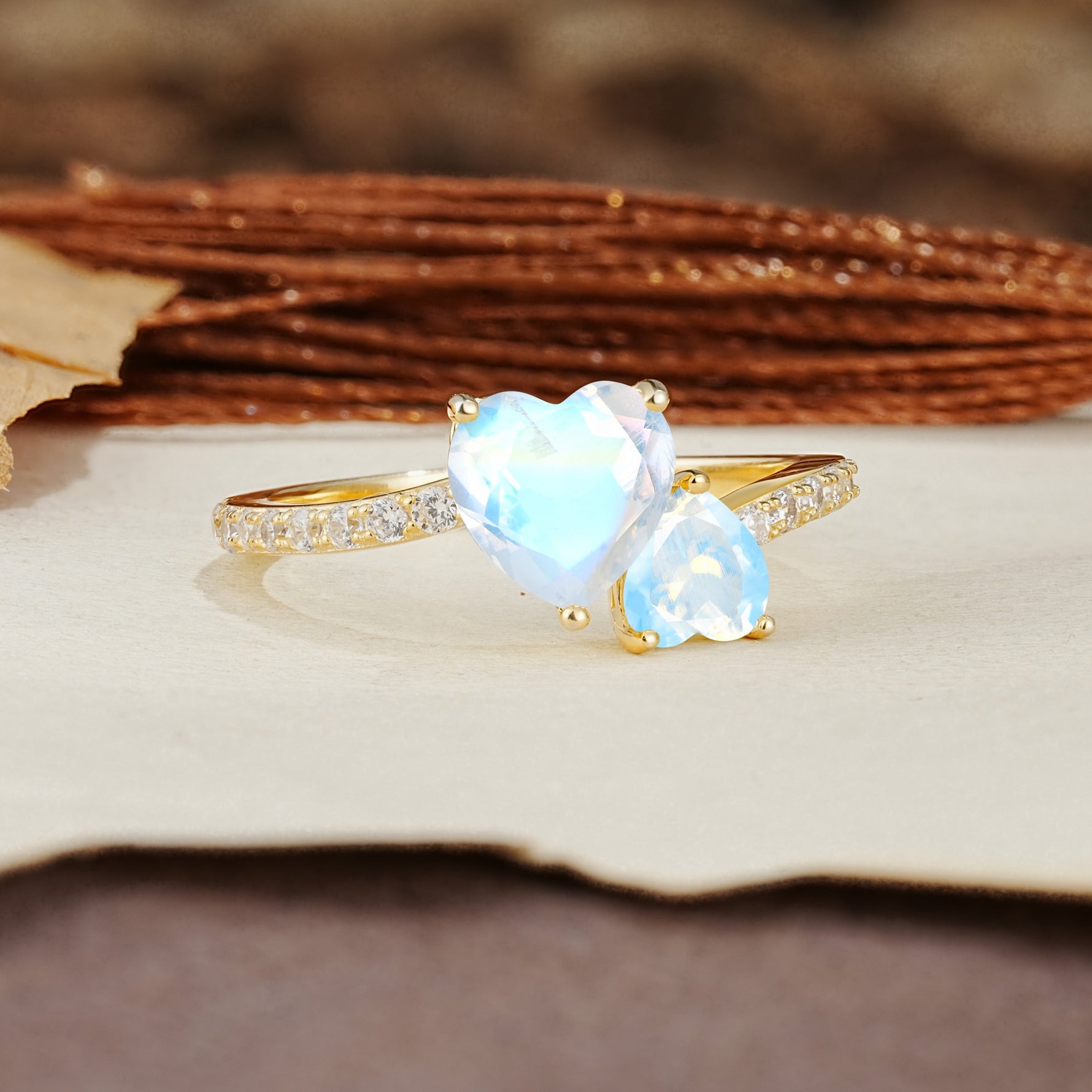 Unique Classic 3-Prong Heart Cut MoonstoneTwo Stones Engagement Ring - Additional view
