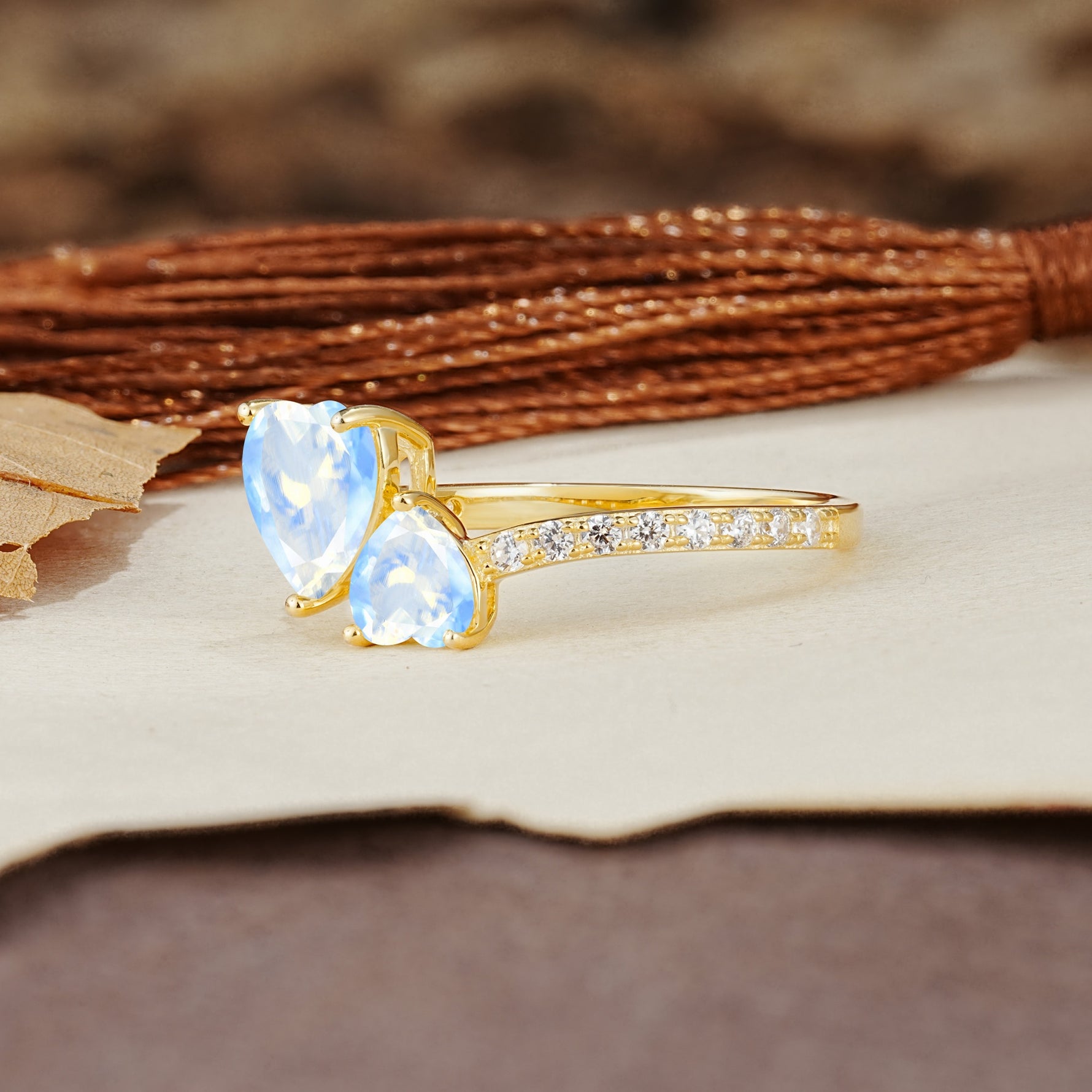 Unique Classic 3-Prong Heart Cut MoonstoneTwo Stones Engagement Ring - Additional view