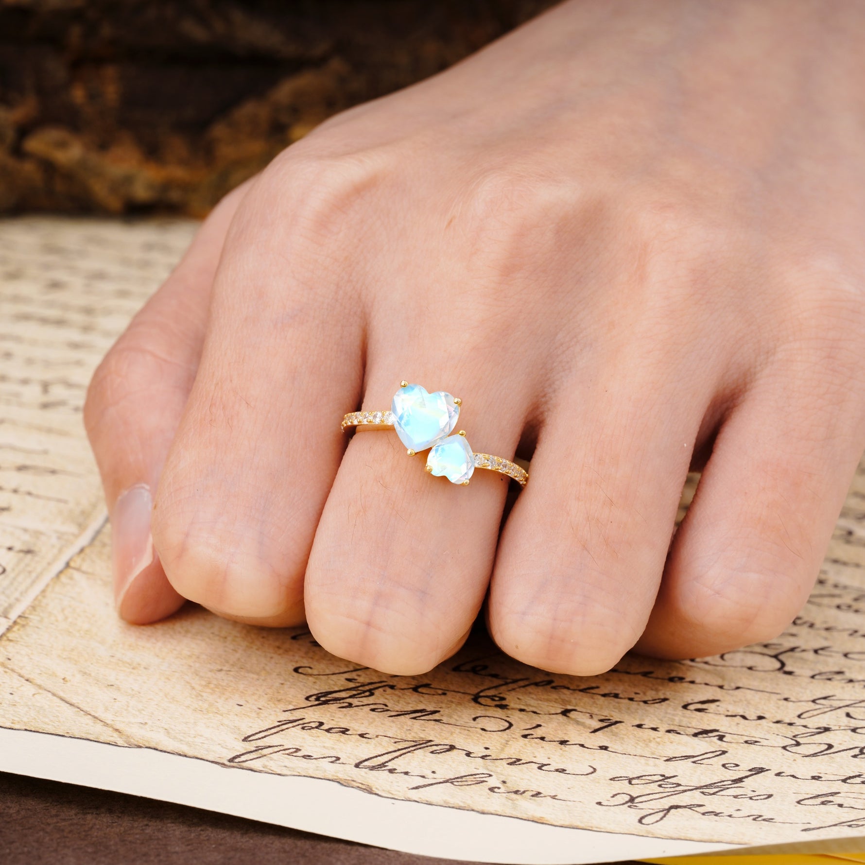 Unique Classic 3-Prong Heart Cut MoonstoneTwo Stones Engagement Ring - Additional view